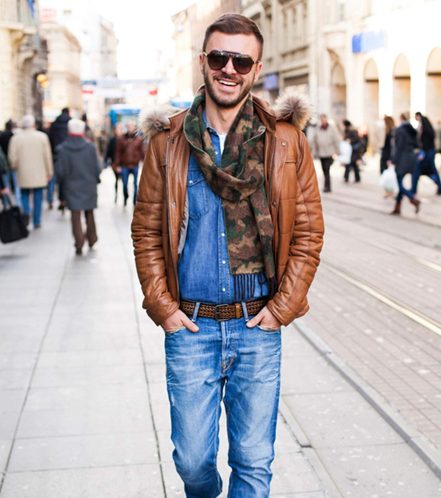 Cinturón trenzado de cuero para hombre, cinturón tejido de cuero de vaca para jeans de 1.3 pulgadas de ancho con hebilla de punta, D-naranja marrón 6