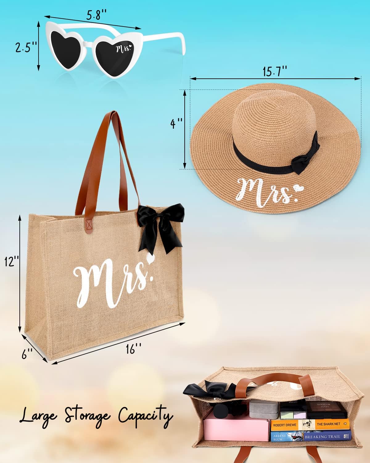 Percozzi Wifey Bride Tote Bag Sun Hat Glasses Set Bride-To-Be Shower Gift Honeymoon Jute Bag Kit image 4