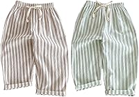 Ashmyova Boys Girls Linen Cotton Stripe Pants Elastic Waist Toddler Casual Trousers Spring Summer 2Pcs