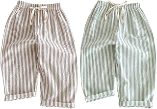 Ashmyova Boys Girls Linen Cotton Stripe Pants Elastic Waist Toddler Casual Trousers Spring Summer 2Pcs
