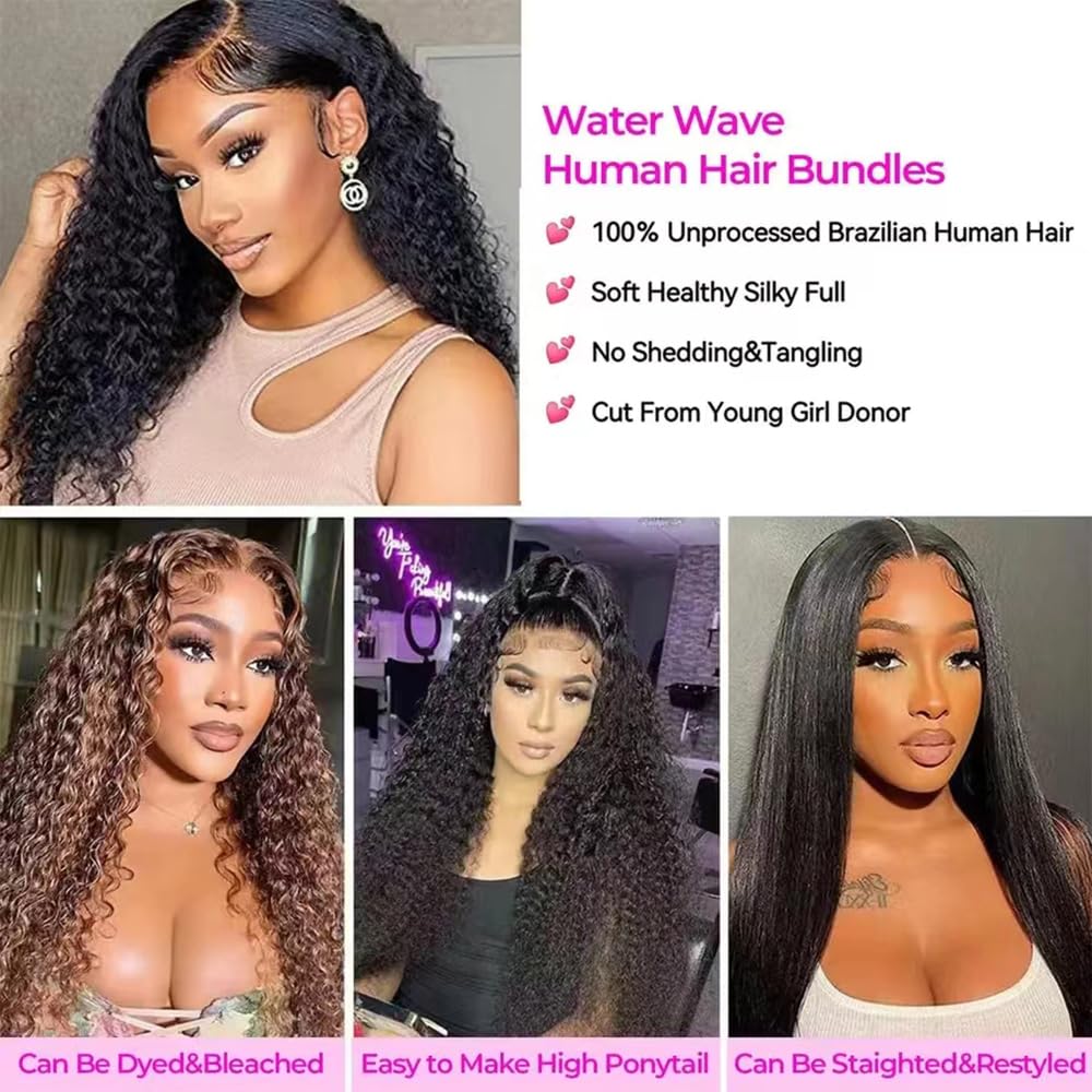 Water Wave Bundles Human Hair 20 22 24 Inch Deep Wave Bundles 10A Brazilian 100% Unprocessed Virgin Human Hair Wet and Wavy Bundles Double Weft Water Curly Weave 3 Bundle Natural Black