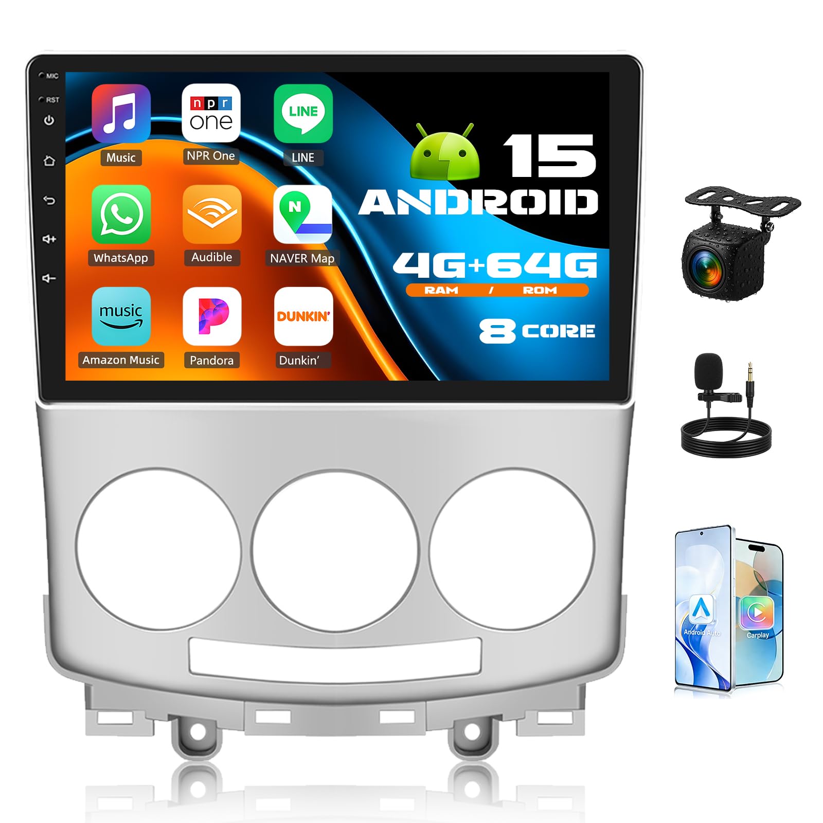 Qualcomm, 4G+64G 8Core GOHHDL Android 15 Autoradio für Mazda 5 2005-2010 mit Carplay Android Auto, 9 Zoll IPS Touch Bildschirm mit Bluetooth FM/RDS EQ DSP GPS WiFi + Rückfahrkamera & MIC