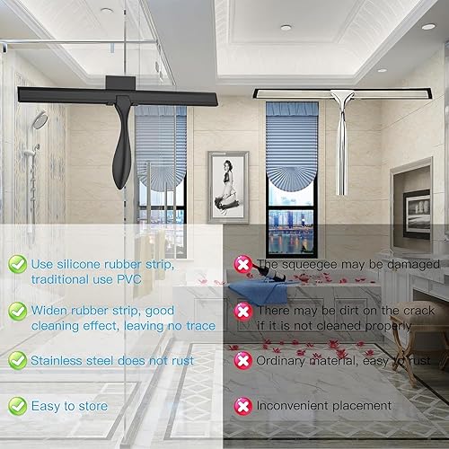 Miniatura 7 de peafowl Escobilla de baño de acero inoxidable de 14 pulgadas para puertas de vidrio, ventanas de baño, espejo de cocina y vidrio de automóvil con