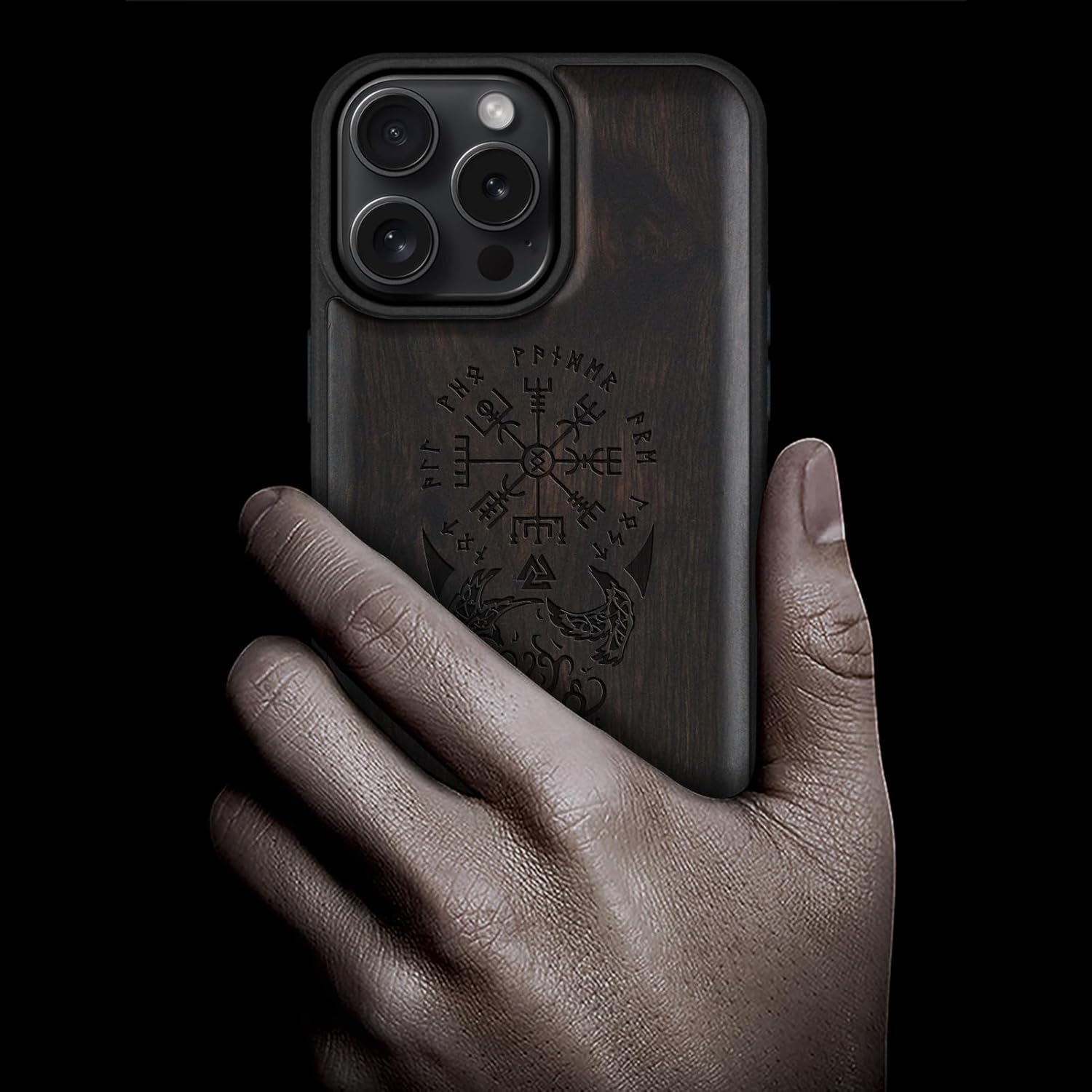 Carveit Magnetic Wooden Case for iPhone 16 Pro Max Case, Wood Artisan Engraved & Black Soft TPU Shockproof Cover, Compatible with MagSafe Wireless Chargers (The Guiding Vegvisir) - Blackwood