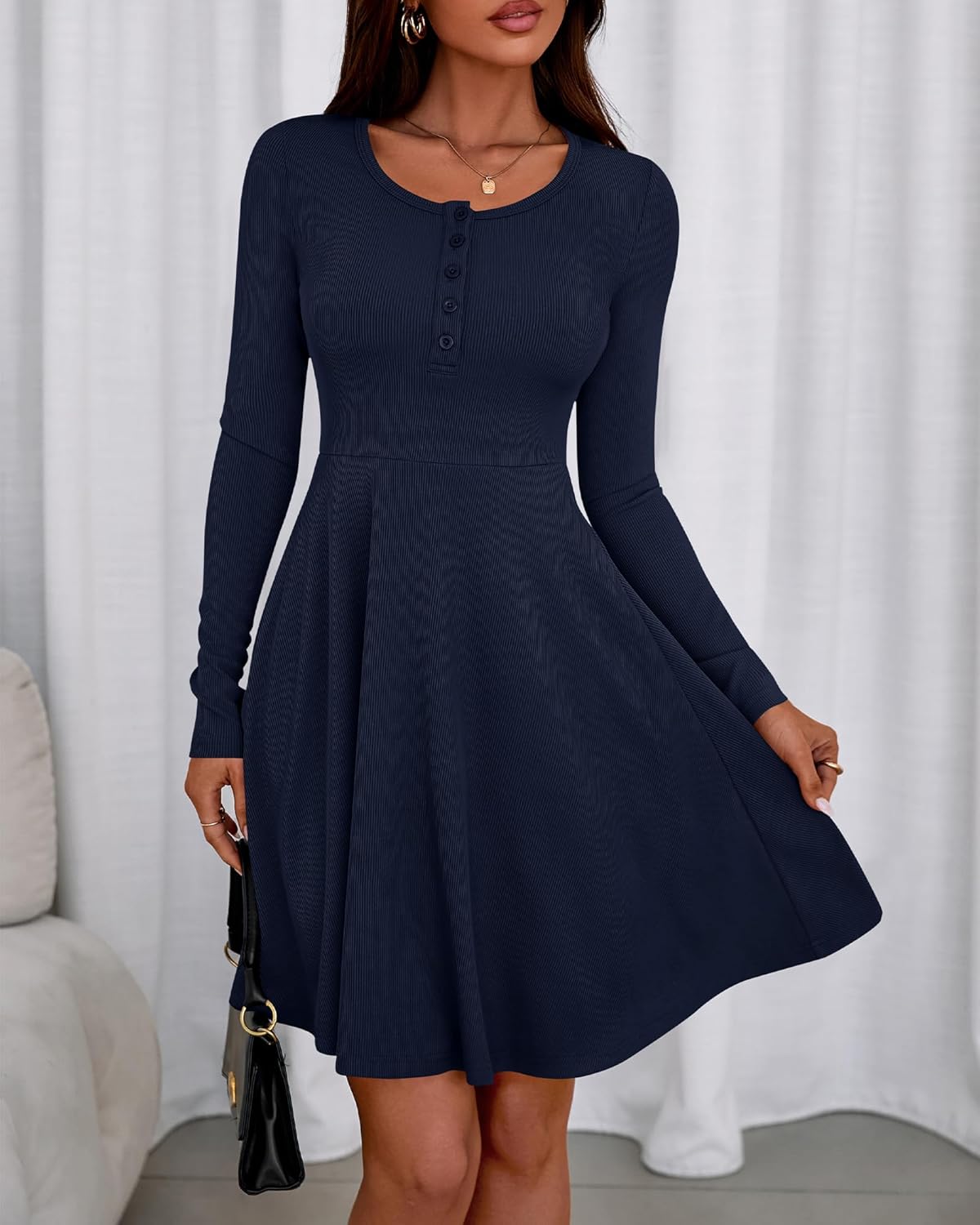 BTFBM Casual Fall Dresses for Women 2025 Long Sleeve Ribbed Button Down Empire Waist A Line Winter Wedding Guest Dress - Image 4