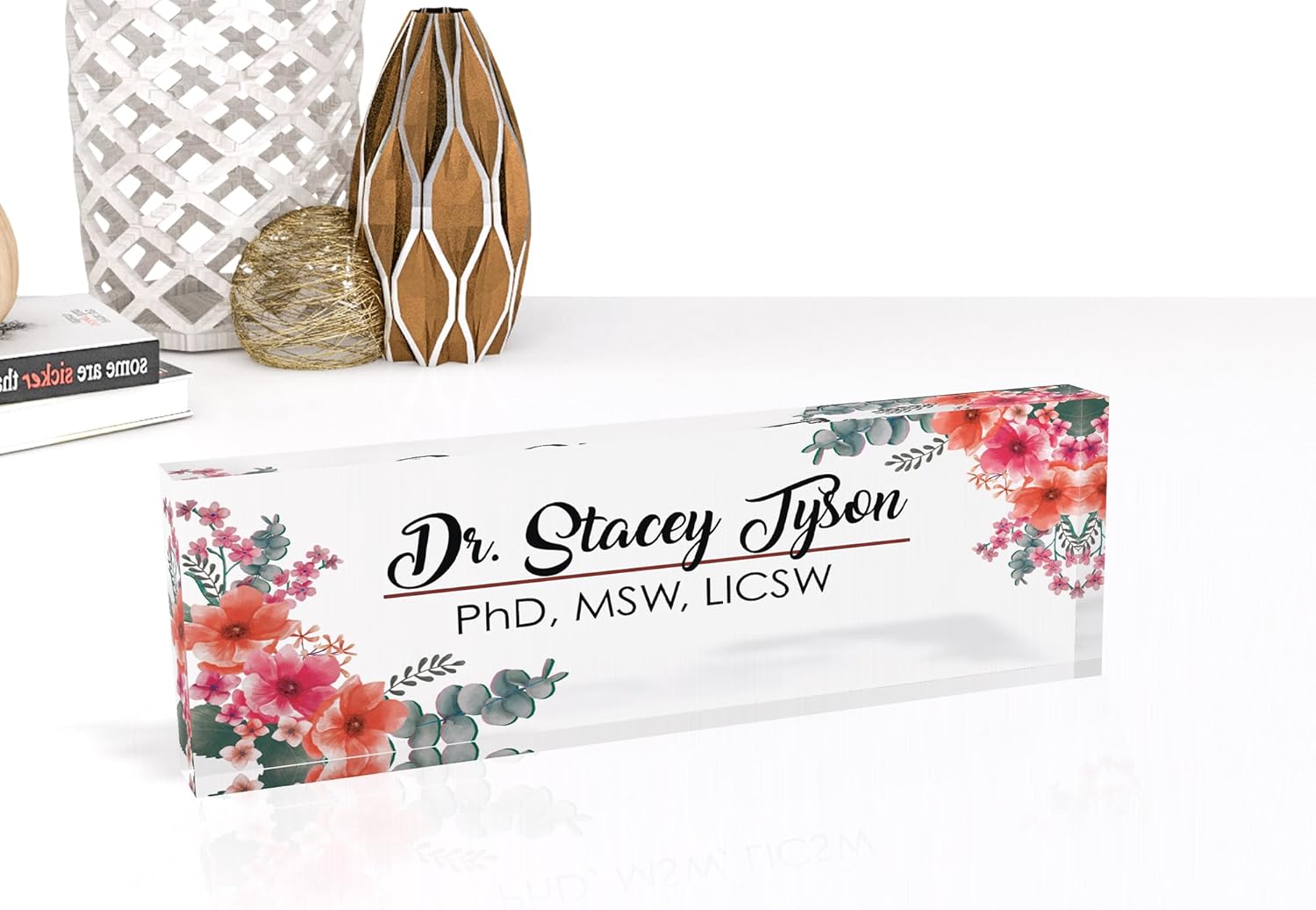 Personalized Acrylic Desk Name Plate, Floral Design, Professional Office Decor, Gift