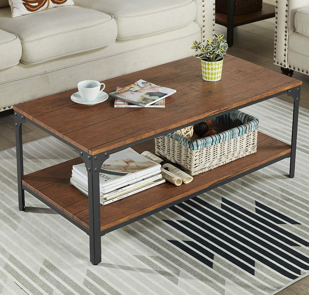 Homissue 43’’ Rectangular Coffee Table, Vintage Industrial Cocktail Table with Lower Storage Shelf for Living Room, Brown Finish