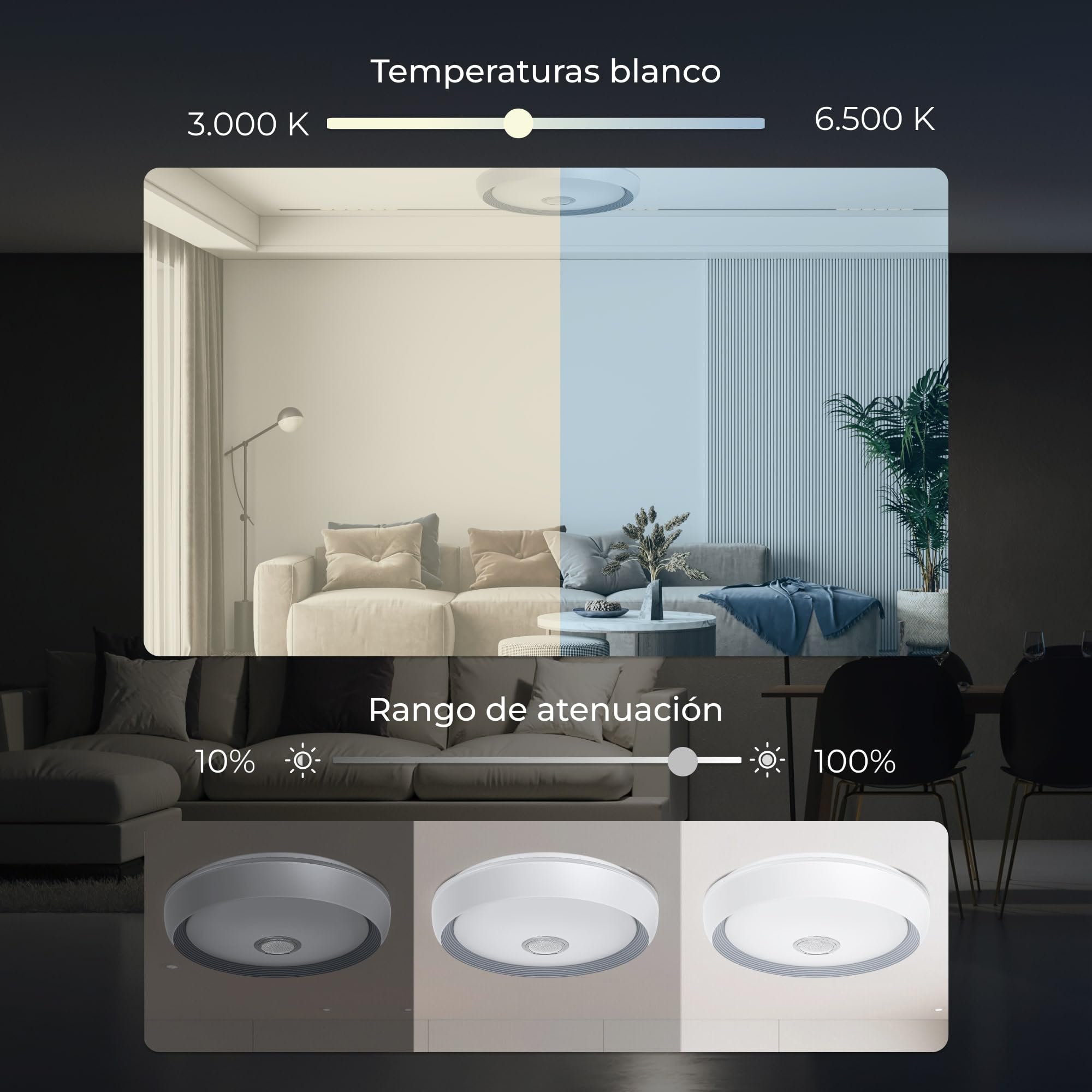 KSIX Glory Plafón Led Inteligente Techo con Altavoz, Color regulable RGB, 6200 lm, Ø47cm, Luz Controlable con Mando a Distancia y App, para Cocina Dormitorio o Infantil, Resiste polvo y salpicaduras