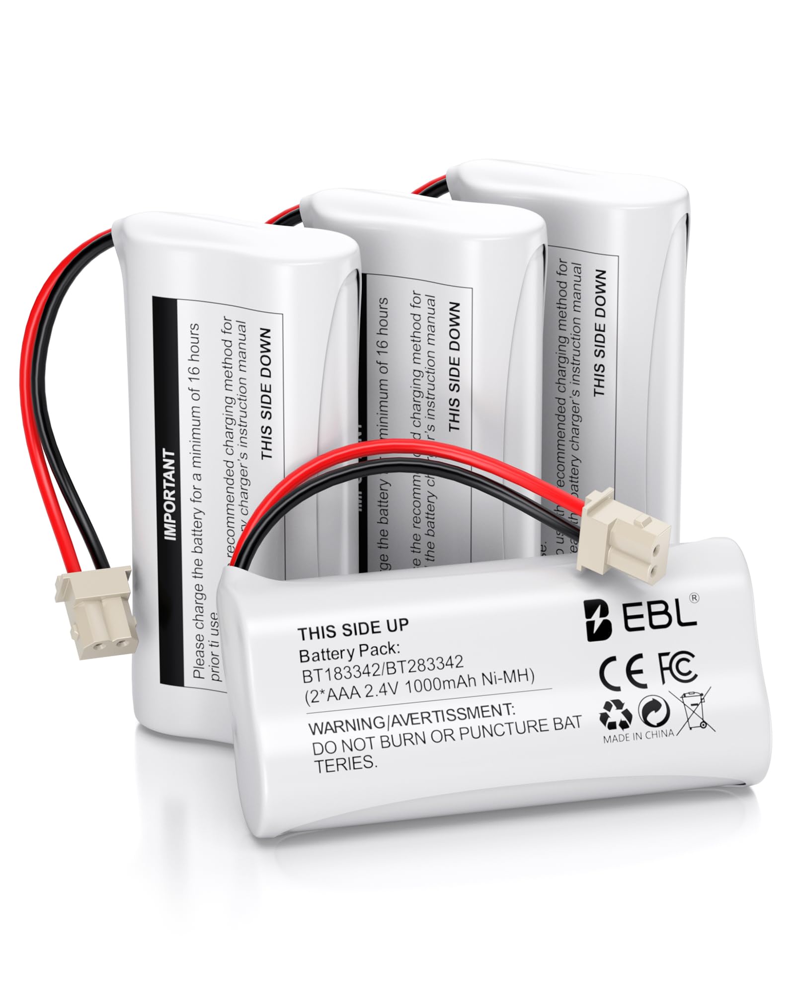 EBL BT162342/BT262342 2.4V 1000mAh Ni-MH Battery Compatible for BT183342/BT283342 BT166342/BT266342 VTech CS6114 CS6419 CS6719 at&T EL52300 CL80111 Cordless Phone (Pack of 4) White