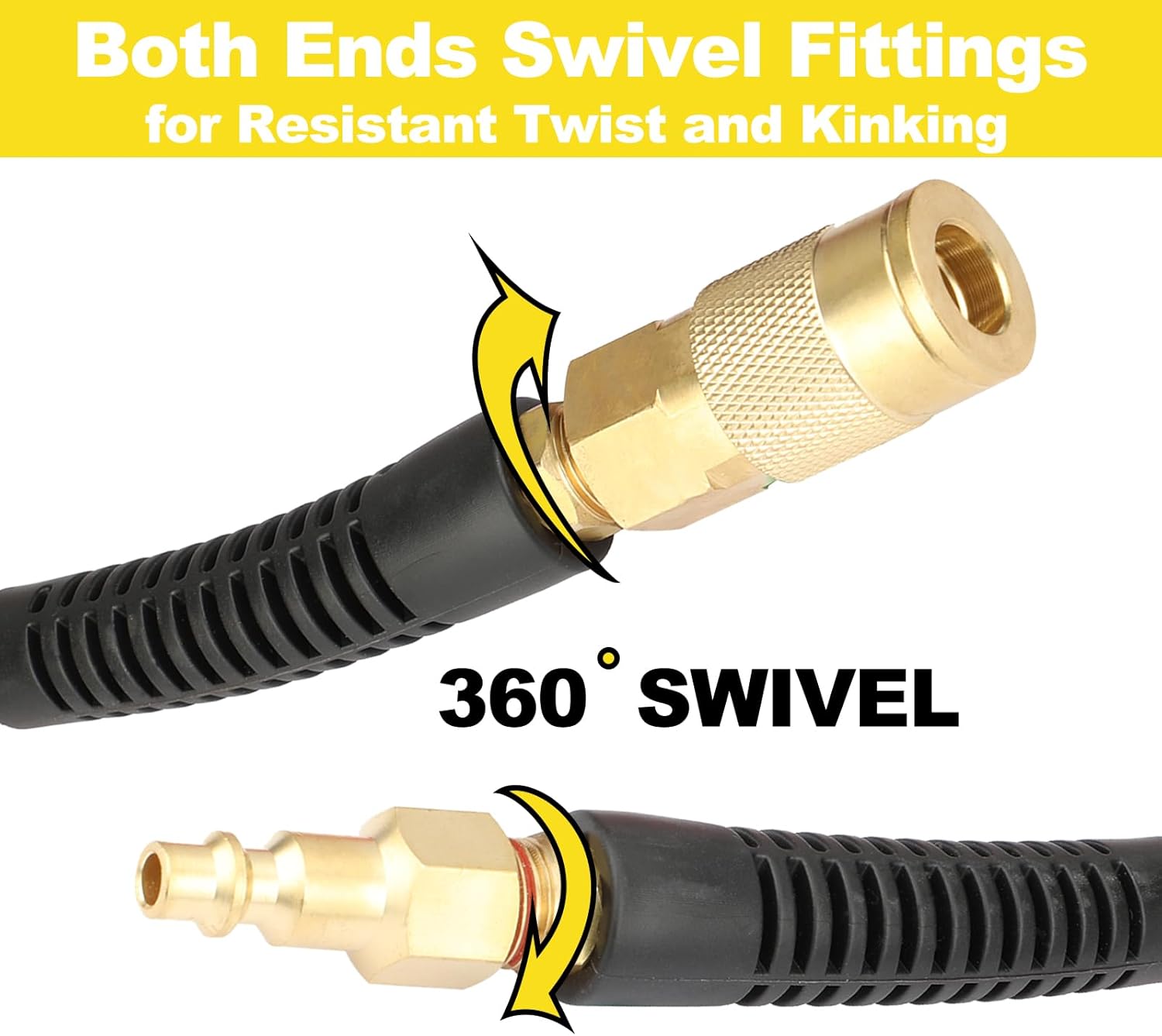 YOTOO Reinforced Polyurethane Air Hose 1/4" Inner Diameter by 100' Long, Flexible, Heavy Duty Air Compressor Hose with Bend Restrictor, 1/4" Swivel Industrial Quick Coupler and Plug, Yellow