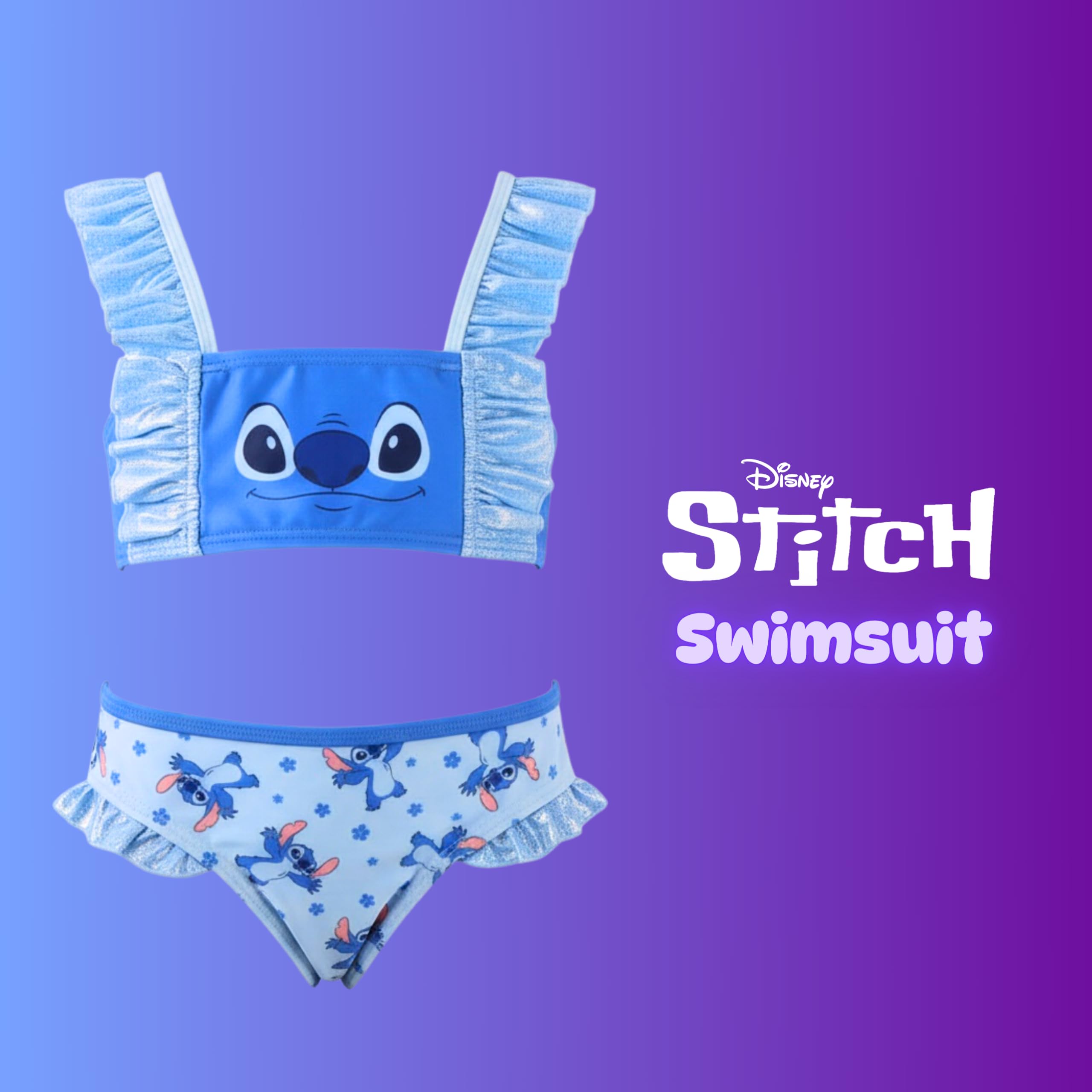 Disney Stitch Bikini para Niña, Diseño Purpurina Bañador de Dos Piezas Verano Infantil, Tallas 5 a 12 Años