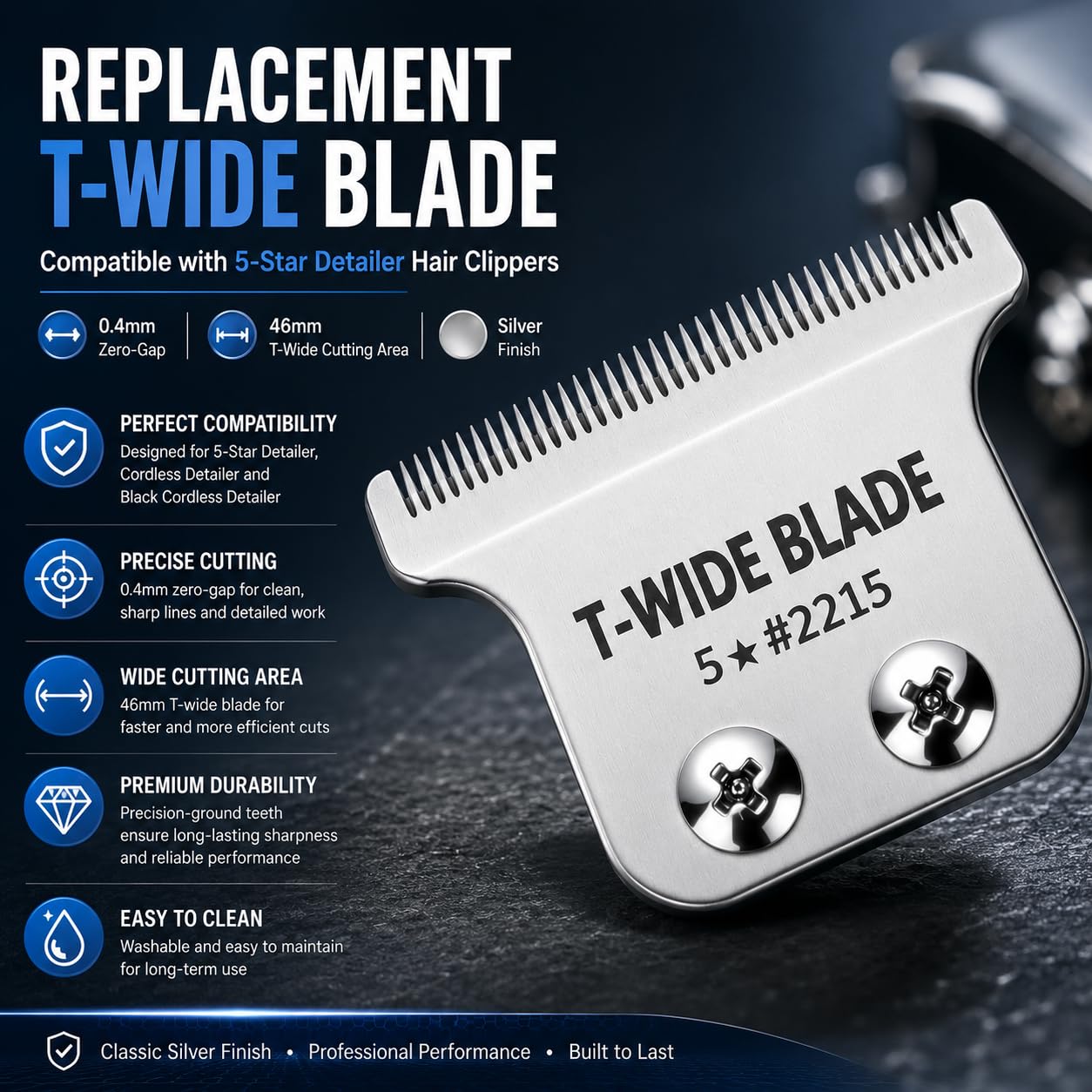 Cuchillas T-Wide de Repuesto Compatibles con las Cortadoras Wahl 5-Star Detailer – 0,4 mm, Zero-Gap (Plata – Paquete de 2)