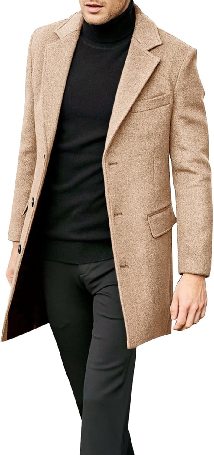 Beotyshow Mens Single Breasted Trench Coat Winter Pea Coat Notch Lapel Long Casual Overcoat - Image 3