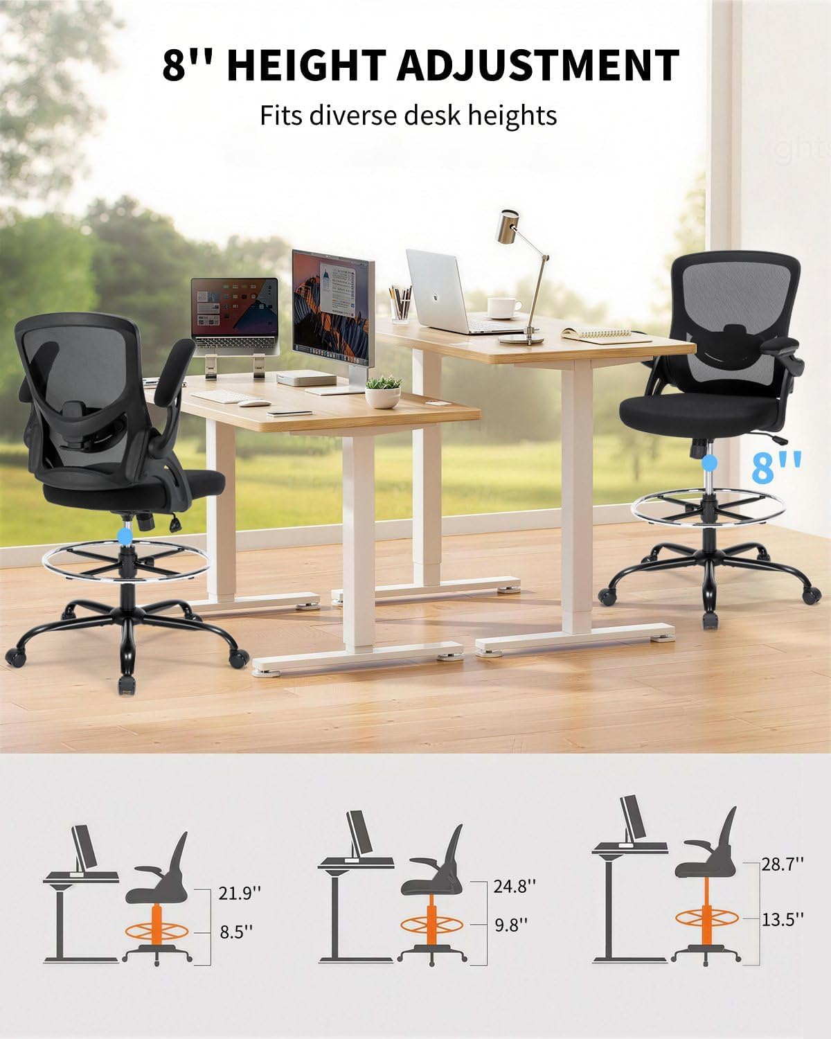 Drafting Chair, Tall Office Chair for Standing Desk, Ergonomic Standing Desk Chair with Flip-up Armrests, Counter Height Office Chair with Footrest and Adjustable Lumbar Support
