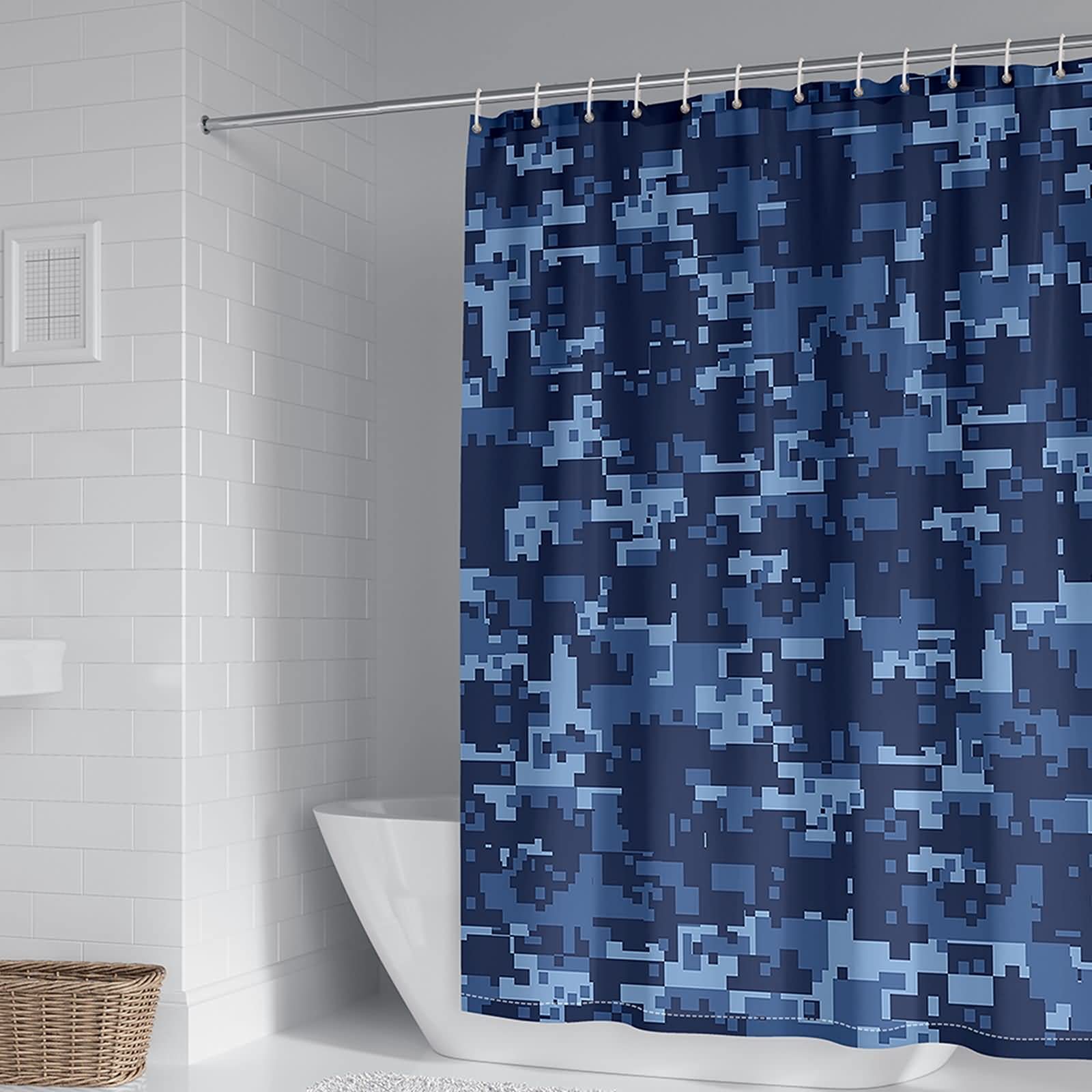 Rideau de douche polyester bleu motif pixels 165x200cm imperméable salle de bain