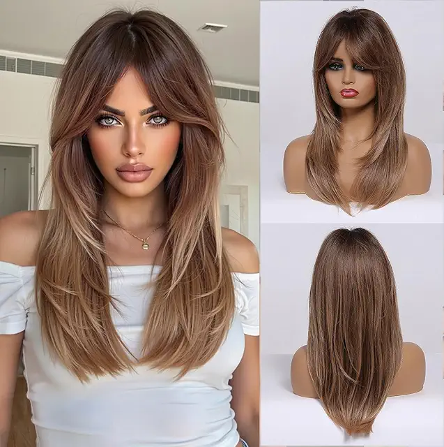 Esmee Long Straight Brown to Blonde Curtain Bangs Wig for Women - Daily & Party Use