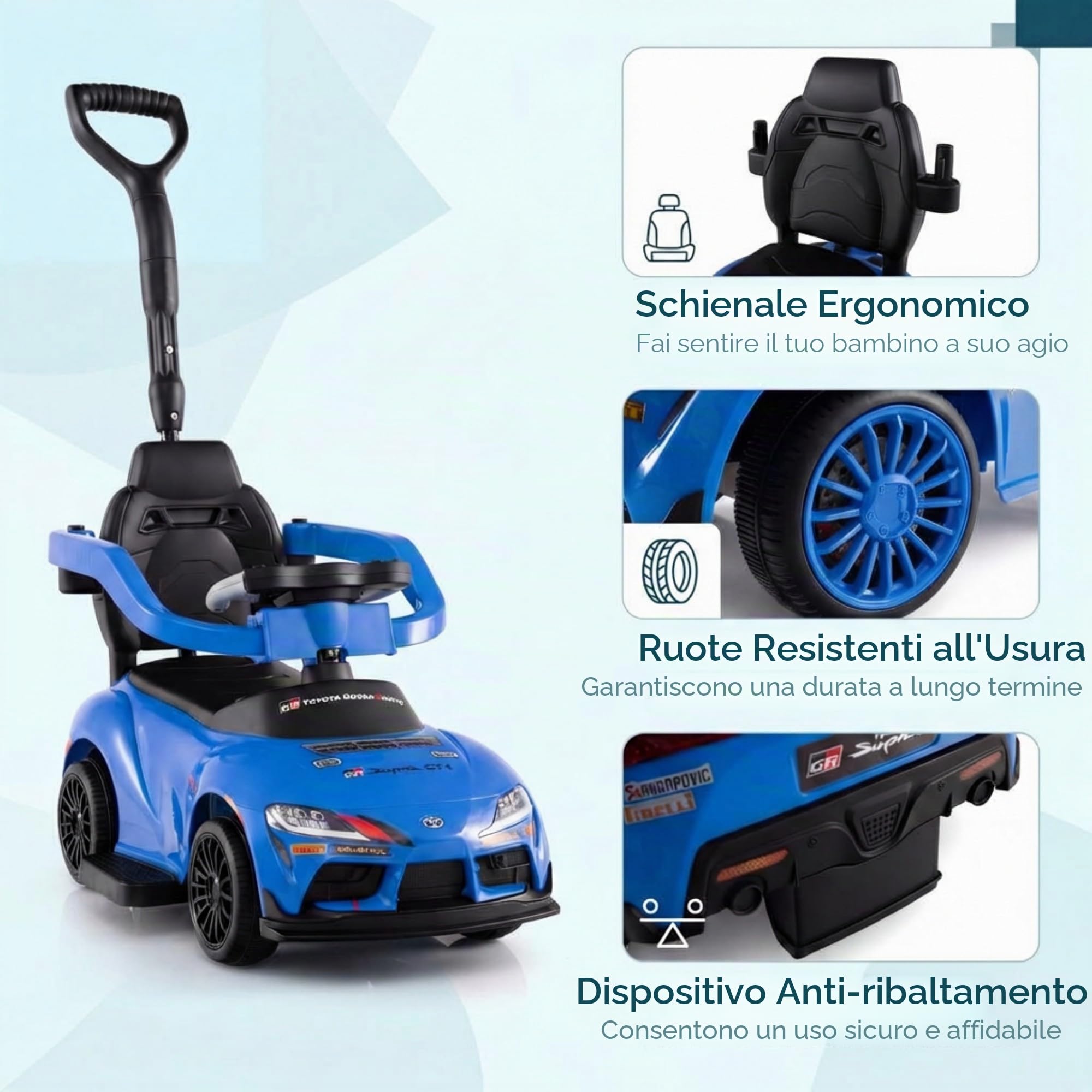 RELAX4LIFE 3-in-1 Macchinina a Spinta/Cavalcabile/Primi Passi per Bambini con Maniglia, Musica, Protezione di Sicurezza, Vano Portaoggetti sotto Sedile, per 1,5 a 5 Anni (BLU)