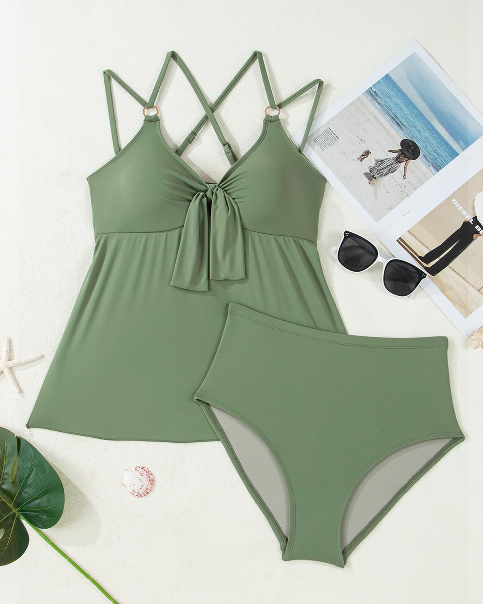 Bsubseach Zweiteiler Tankini Badeanzüge für Damen Bauchkontrolle fließendes Badekleid Oberteil mit Badehosen