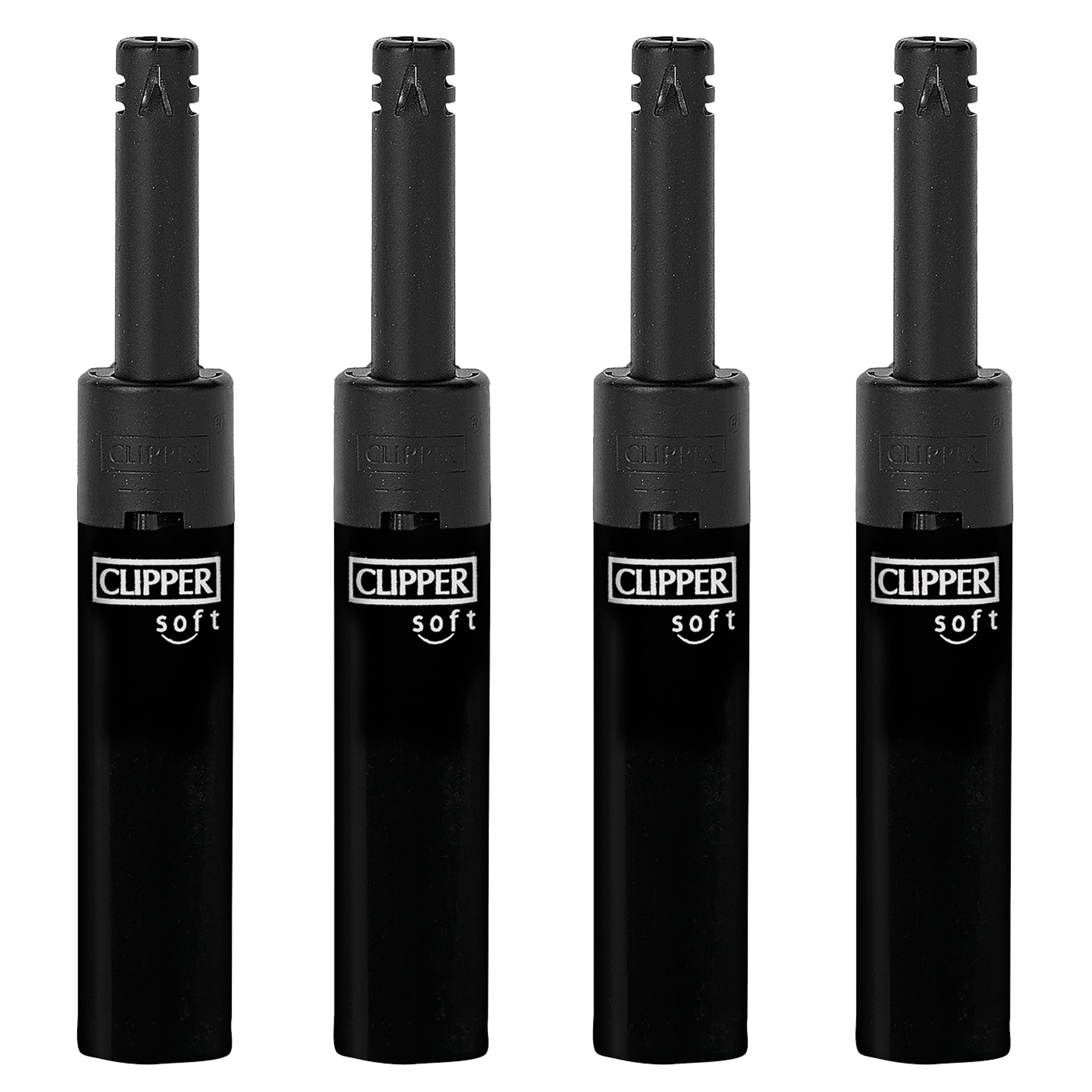 Clipper - Pack de 4 Mecheros Electricos en Color Negro Soft Touch con Mini Tube | Recargables de Gas | Diseño icónico Clipper | Ideal para Encender Velas