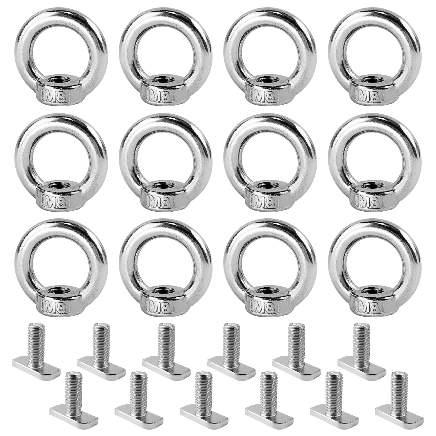 12 Pezzi Set Golfari, Dado ad Occhiello M8 in Acciaio Inossidabile + Vite Con Testa a Martello, Utilizzato per Serrare e Sostenere Oggetti, Collegare Facilmente le Corde (Argento)