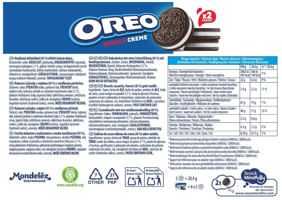 Oreo Doble Crema, Galletas de chocolate rellenas de doble crema sabor vainilla, Las galletas clásicas pero con doble relleno, Paquete de 10 x 170 g