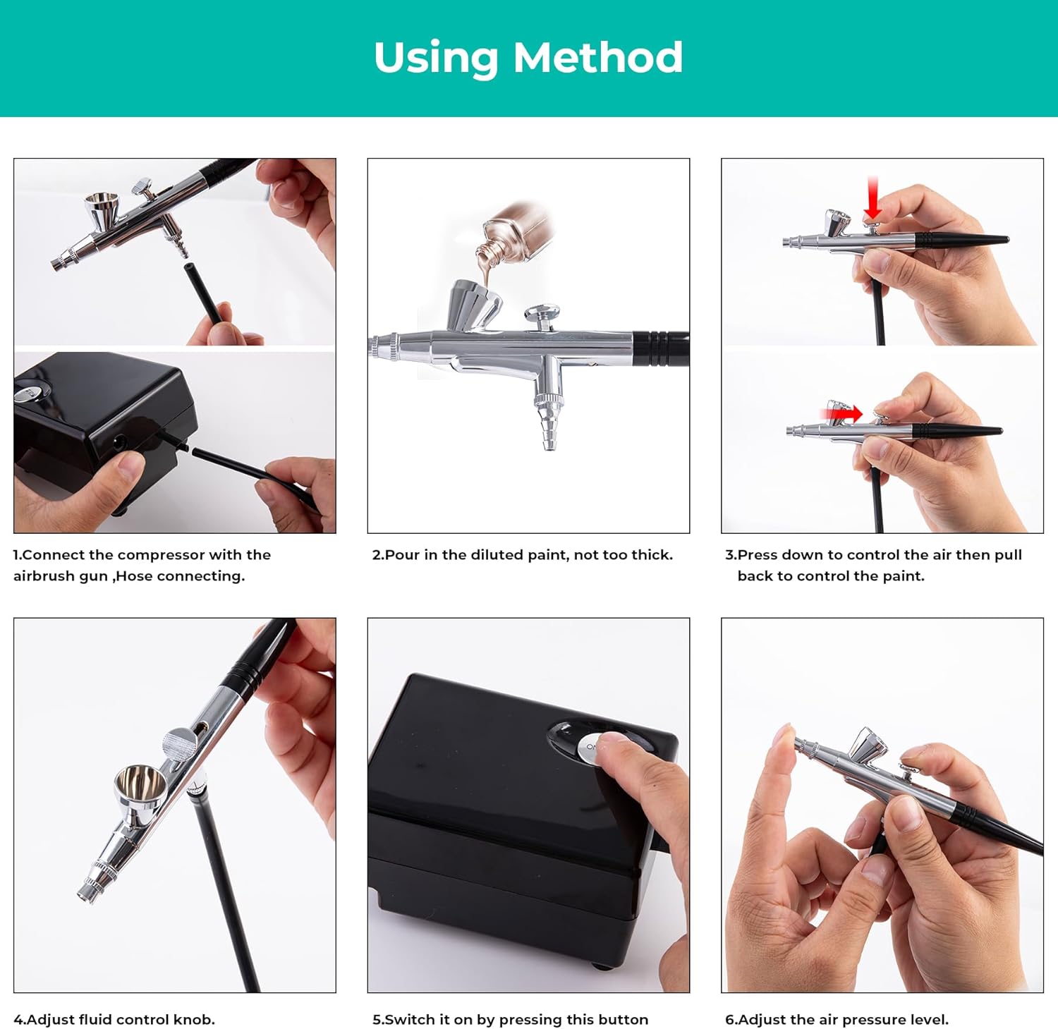 Airbrush Kit with Compressor, 25 PSI, 0.3mm Nozzle, Air brush Gun Set for Nails Art, Cakes, Painting, Cookie, Clothes, Paint, Cleaning Machine(ACK-BT16)