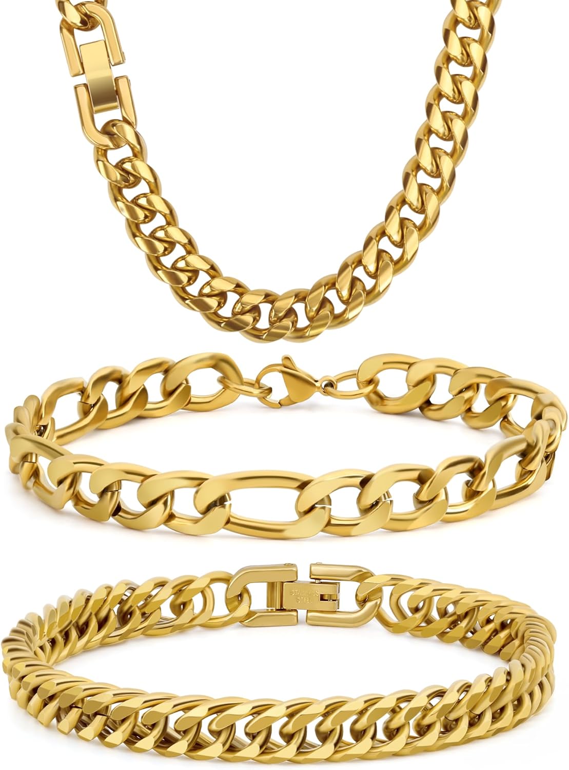 3PCS Cuban Link Figaro Bracelet Necklace, Silver Gold Black Sturdy 316L Stainless Steel Cuban Link Figaro Chain for Men Jewelry Set with Gift Message Card 8mm, 7/8/9 Inches