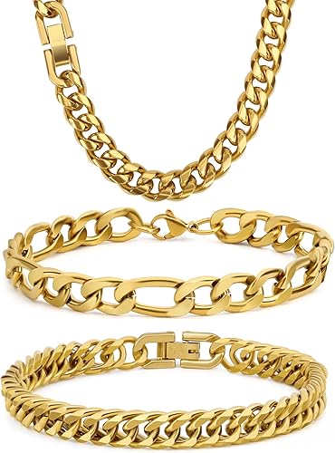 Miniatura 1 de Collar de pulsera Figaro de eslabones cubanos de 3 piezas, plata dorada y negra, resistente acero inoxidable 316L, cadena Figaro de eslabones