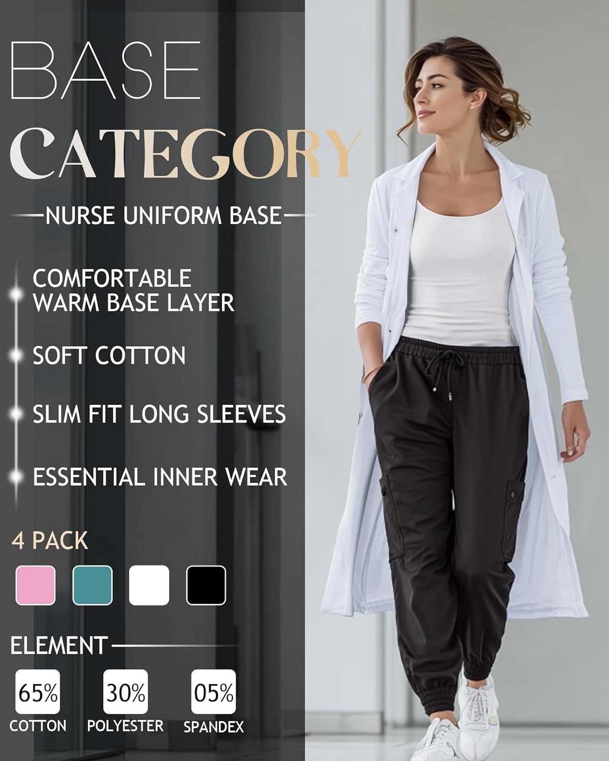 4 Pack Women's Underscrub T-Shirts, Long Sleeve 65% Cotton Tees Slim Fit Scrub Tops Scoop Neck Basic Layer Shirts - Image 5