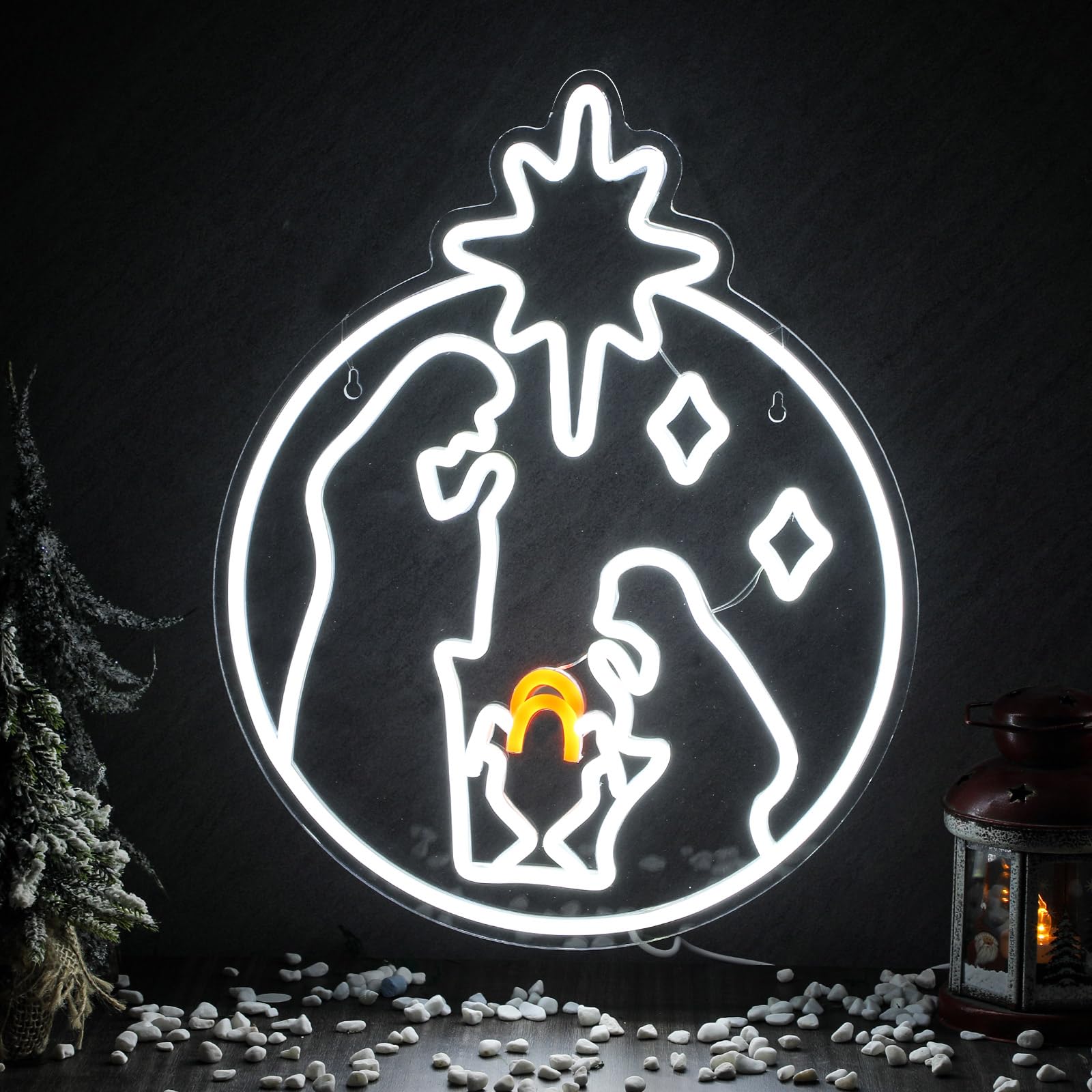 Huquary Christmas Neon Sign Jesus Window Lights Light up Nativity Scene Indoor Wall Decor Art LED Christmas Silhouette Decorations for Holiday Party Indoor Home Patio Door Decor