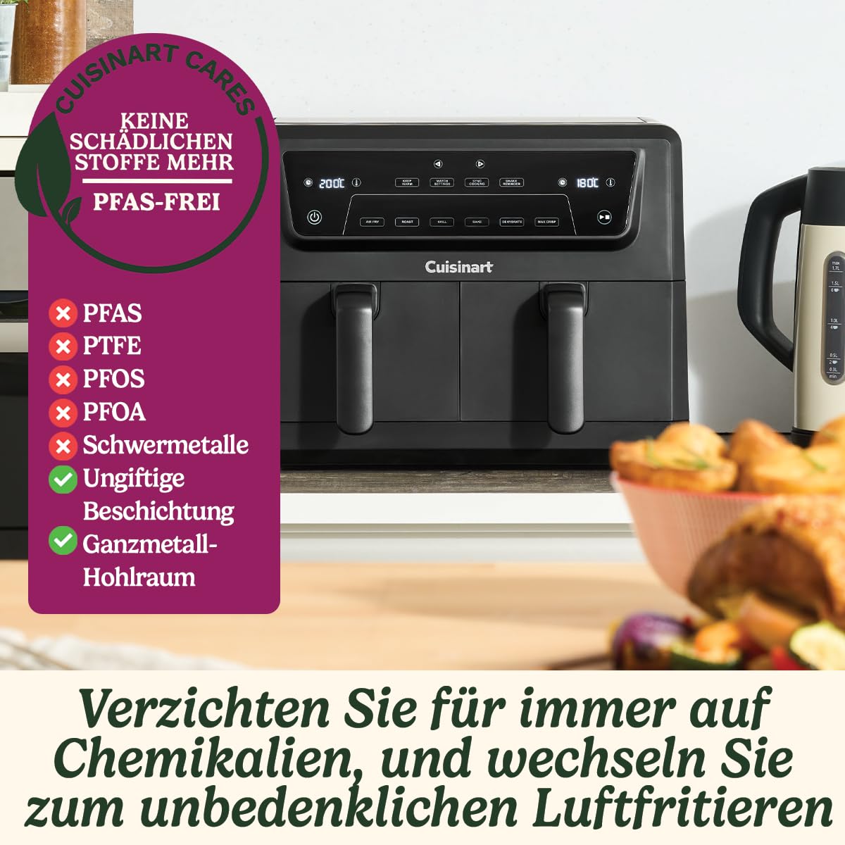 Cuisinart XXL 10.4L Zweizonen-Heißluftfritteuse| PFAS Frei Airfryer| Braten, Grillen, Backen, Dehydrieren und Warmhalten | 2 kammern| 2 x 5.2L - 8+ portionen| Spülmaschinenfeste Teile