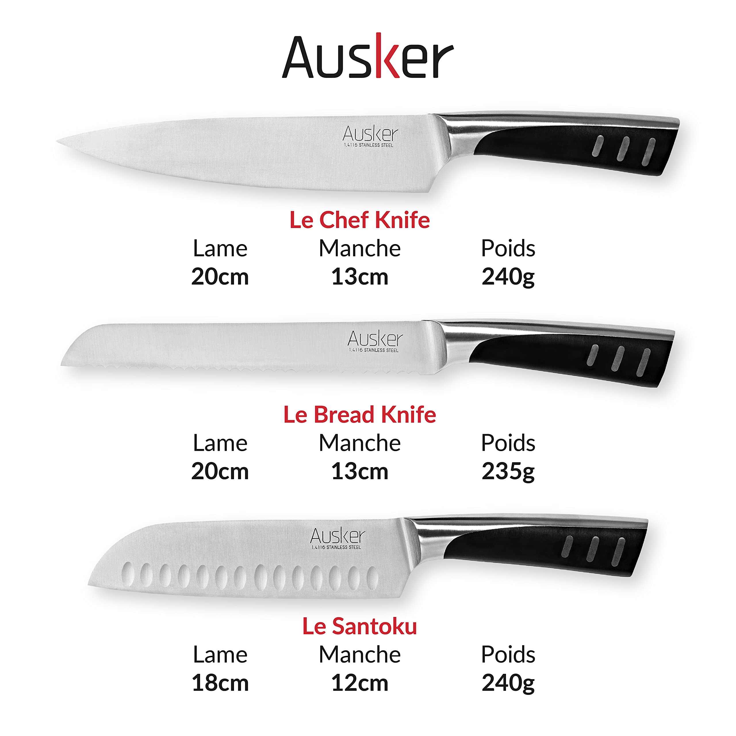 Bloc de Couteaux avec jeu de Couteaux en Acier Inoxydable, Couteau de Chef, Santoku, d'Office, Multifonctions, à Pain et à Viande avec Aiguiseur - Set de 6
