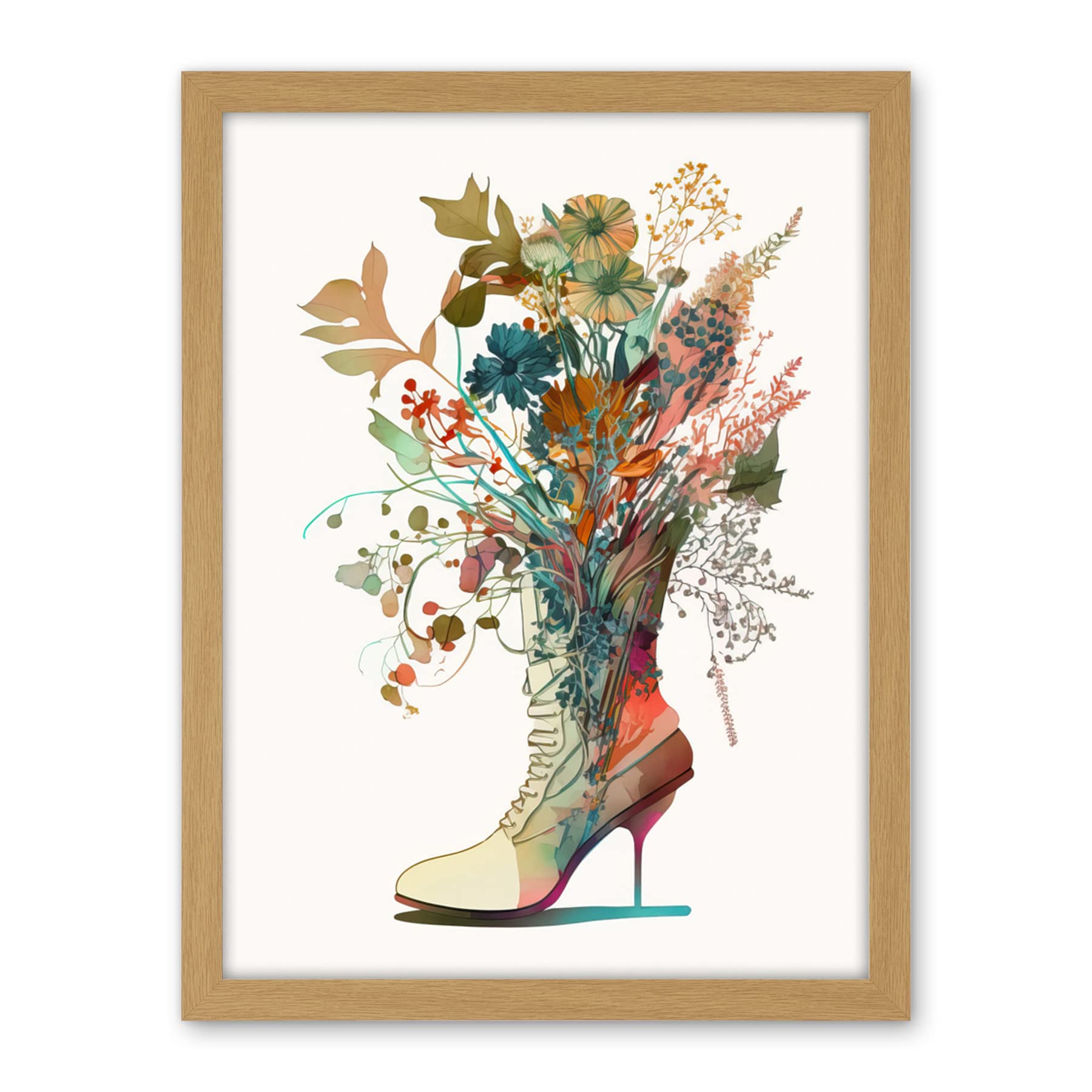 Artery8 Wildflower Bouquet in a Stiletto Heel Combat Boot Artwork Framed Wall Art Print 18X24 Inch