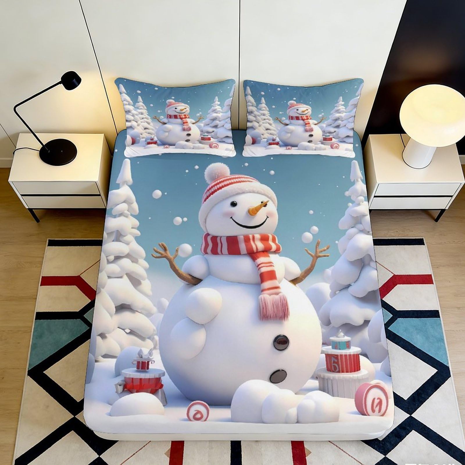 3D Printed Snowman Winter Fitted Sheet Microfiber Soft Breathable Christmas Village Bed Cover for Bedroom Dorm Decor 90x200x25cm