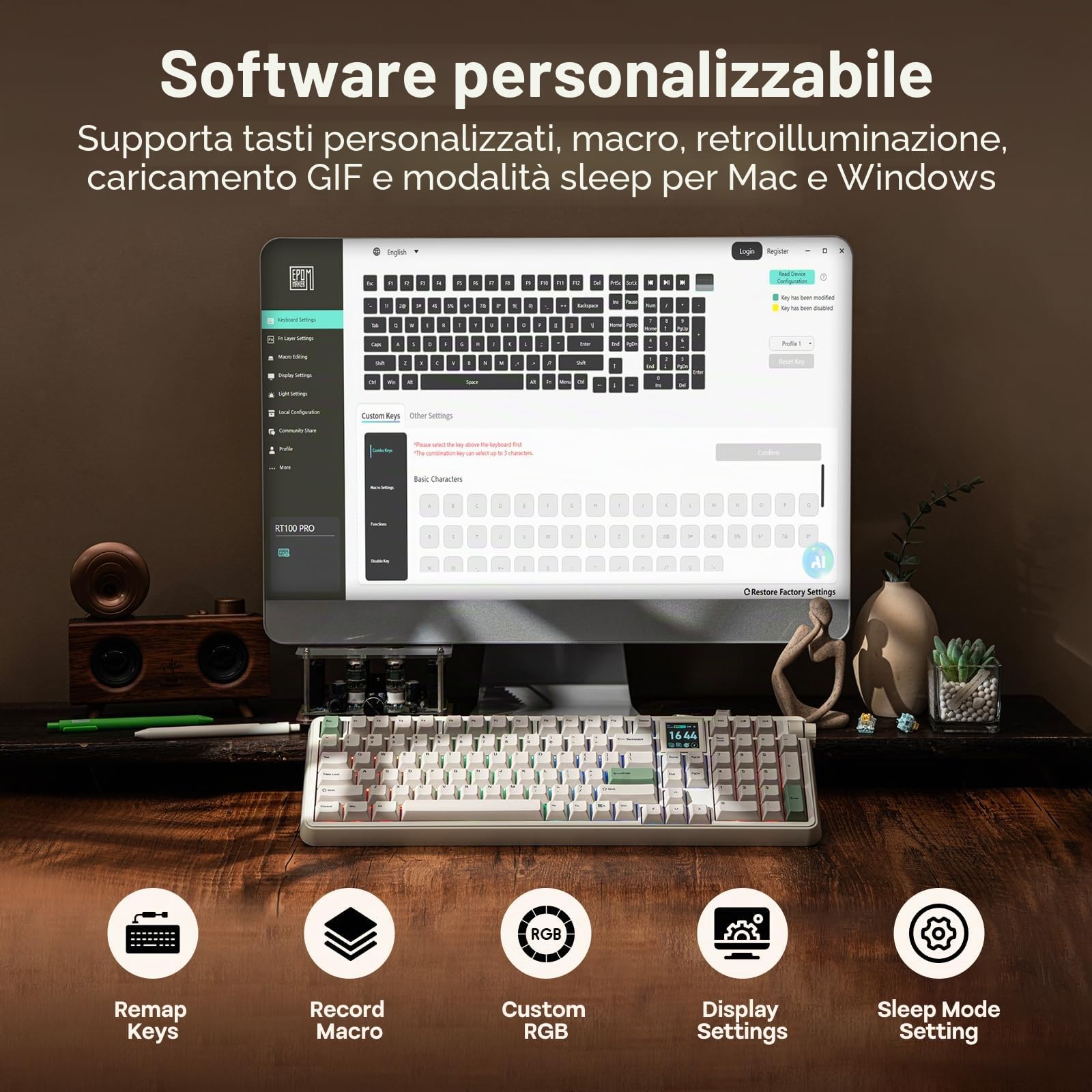EPOMAKER RT100 PRO Tri-Mode Tastiera Meccanica, 1.54" Hot-Swap Screen, Knob, Retro PBT Keycap, Mac Keys, Thocky Gasket, Custom Driver, RGB, BT/2.4G Wireless Gaming Keyboard (Bianco, Sea Salt Silent)