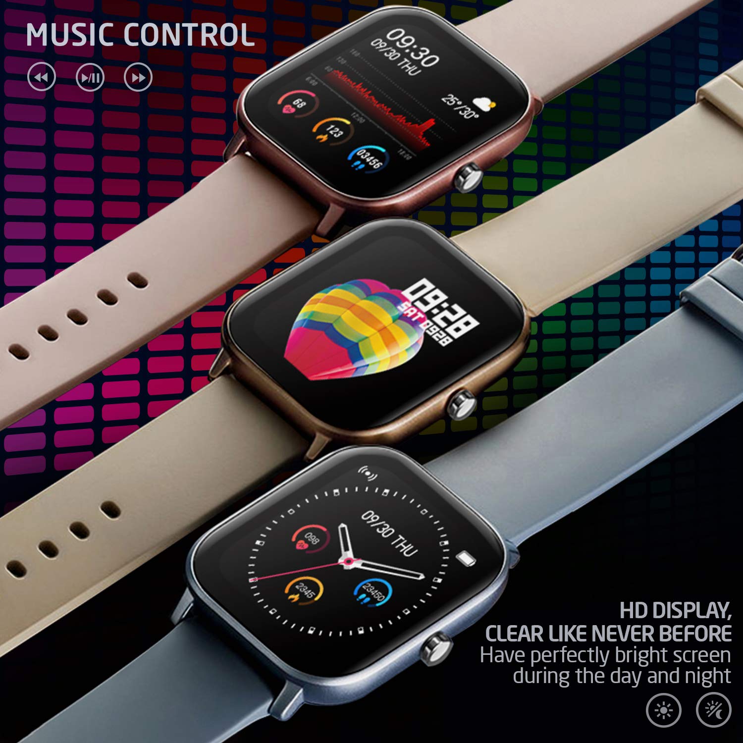 Multiple smartwatches displaying music control and different watch faces