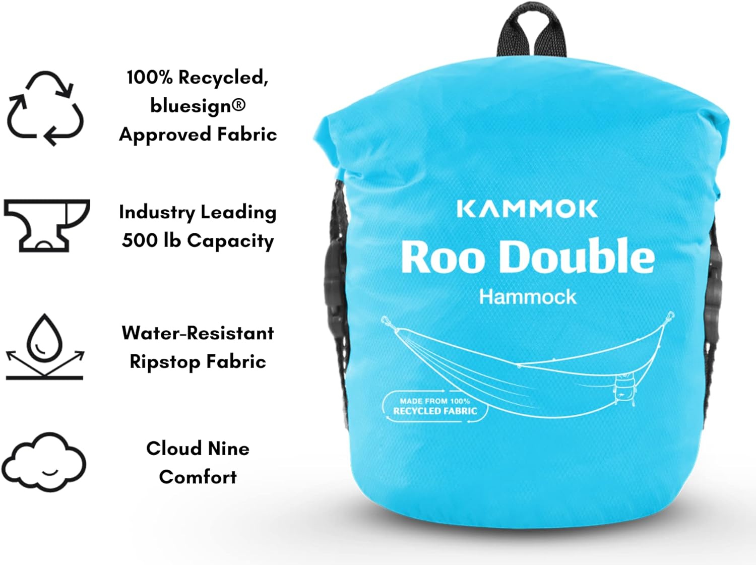 KAMMOK: Roo Double Hammock +Python 10' Bundle | Our Bestselling Hammock & Tree Friendly Straps | 100% Recycled Water Resistant Ripstop Fabric | Lifetime Adventure Grade Warranty, Sky Blue