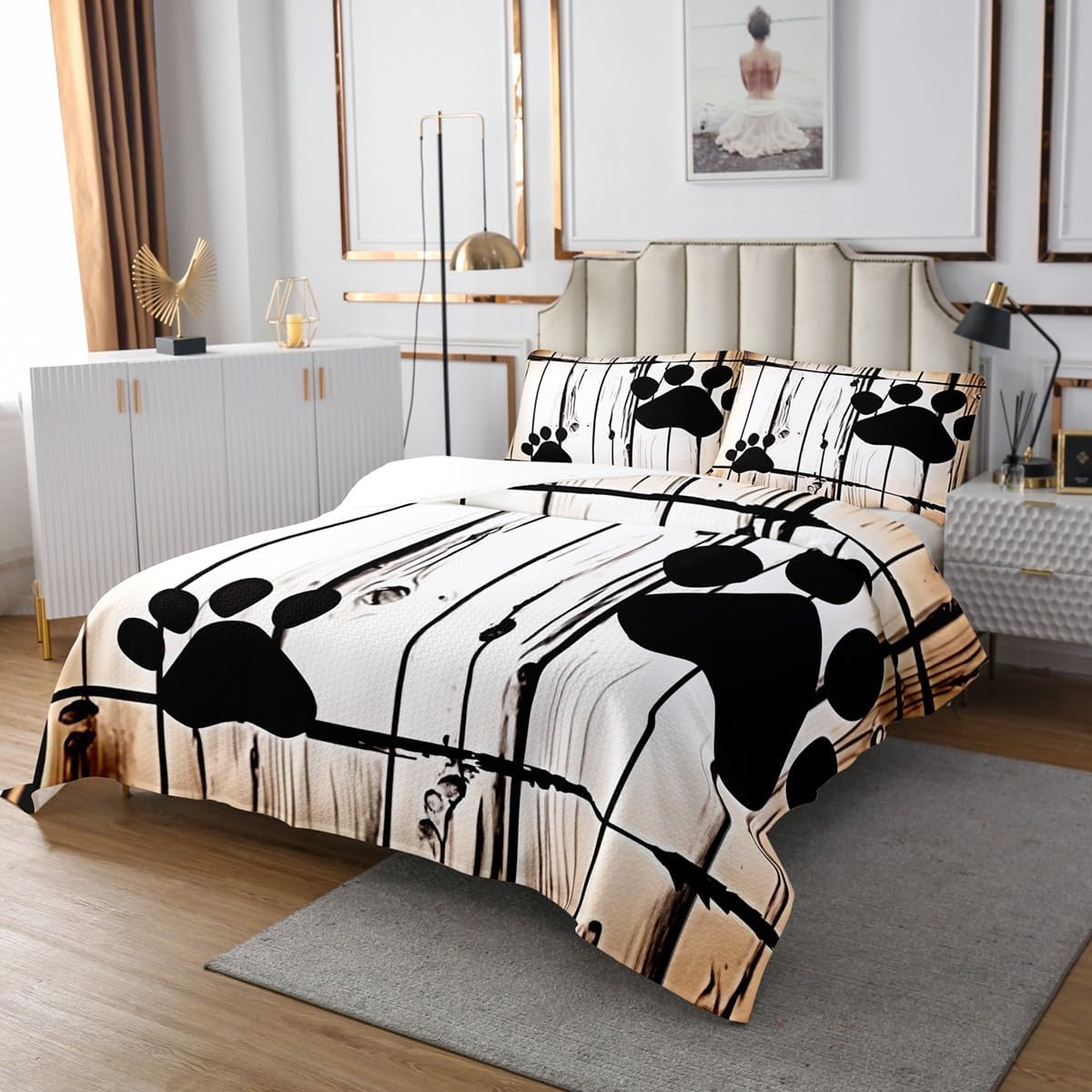 Erosebridal Rustic Farmhouse Coverlet Set Hunting Theme King Bedspread Set for Kids Boys Girls,Bear Paw Pattern Quilt Set Old Vintage Barn Door Bedding Set