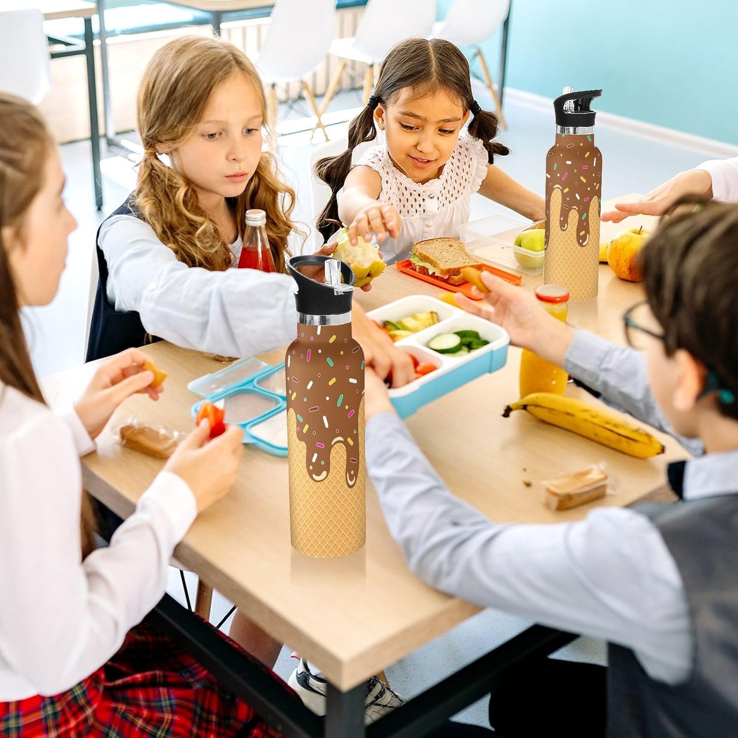 Chocolate Ice Cream Cone Water Bottle Kids With Straw Lid Insulated Stainless Steel Travel Mugs for Sport Gym Outdoor 20oz