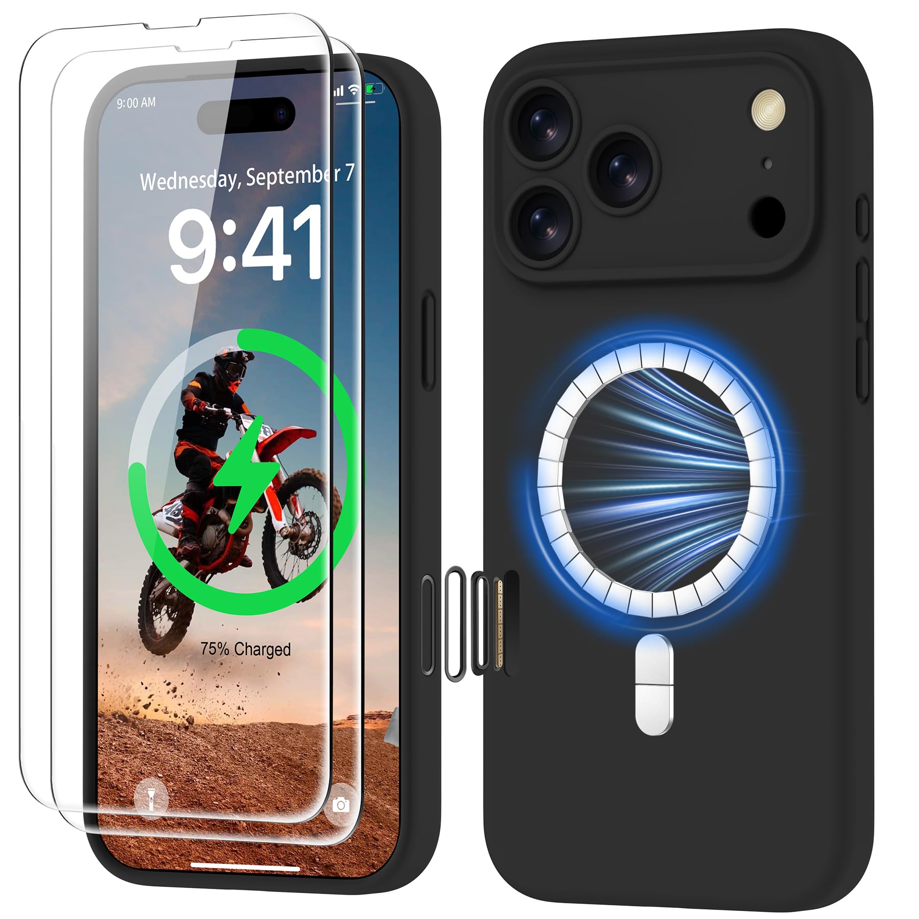 GOODVISH Magnetica Silicone Cover per iPhone 17 Pro Max 6.9", Custodia con 2x Vetro Temperato [Pulsante Controllo Fotocamera] 360° Protezione Anticaduta Case per Cellulare Antiurto Resistente, Nero