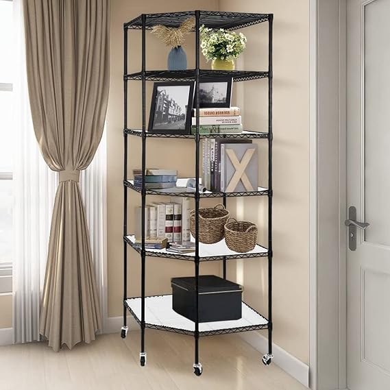 Corner Wire Shelf Adjustable Metal Shelving Unit 6 Shelf Storage Shelves with Wheels Wire Rackfor Kitchen, Bathroom, Laundry, Pantry, Close, 26.77 D x 26.77 W x 72.83 H, Black 6-Tier