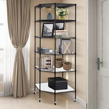 Corner Wire Shelf Adjustable Metal Shelving Unit 6 Shelf Storage Shelves with Wheels Wire Rackfor Kitchen, Bathroom, Laundry, Pantry, Close, 26.77 D x 26.77 W x 72.83 H, Black 6-Tier