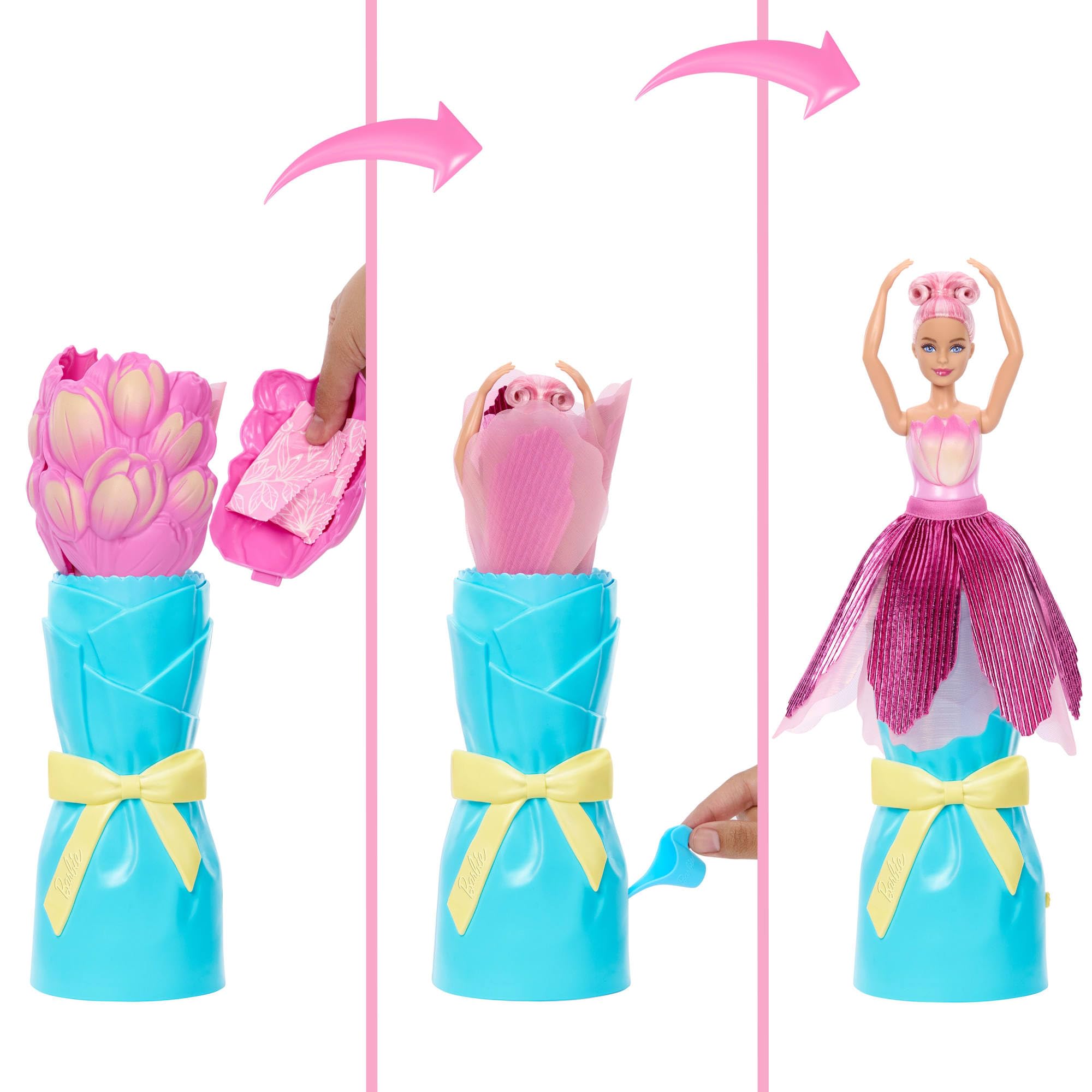 Barbie Petal Pop, bambola profumata con abito tulipano rosa e accessori, sorpresa bouquet con coniglietto e accessori come annaffiatoio, collana e orecchini, JMF57