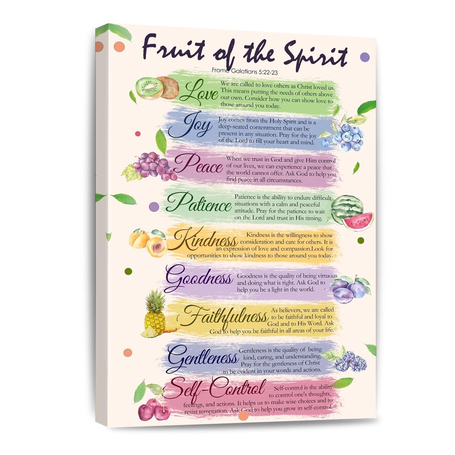PQYSMVVG Fruit of the Christian Art - Galatians 5:22-23 Scripture Canvas Print, Inspirational Wall Decor and Gift for Baptism, Wedding, Home, or Office(Framed,08x12inch(20x30cm))