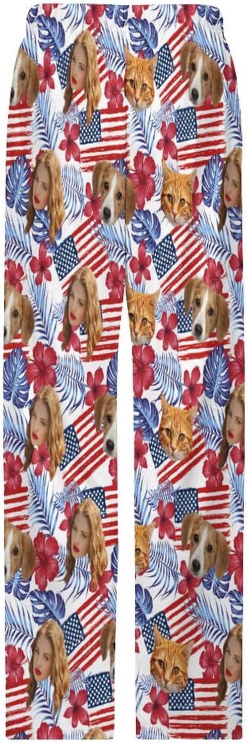 Custom Face Matching Pajama Pants for Couples, Men Women Personalized Funny His Her Pet Cat Dog Pjs Bottom