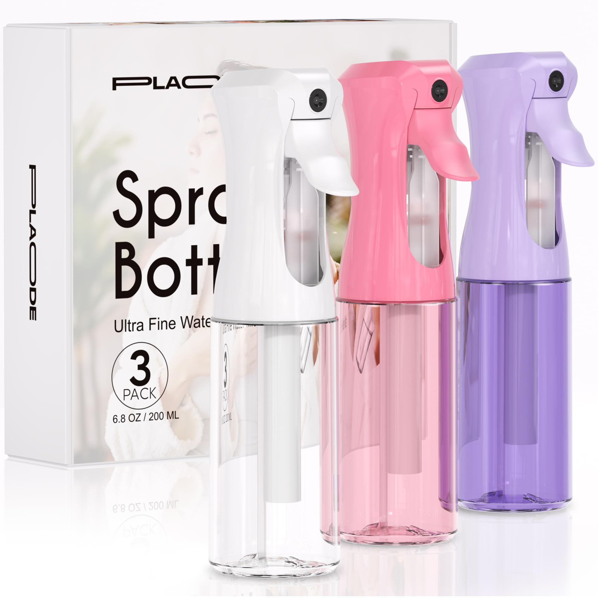 3 Pack Spray Bottle for Hair - Continuous Hair Spray Bottles Refillable Mister Sprayer for Hairstyling, Plants, Pets, Skincare, Cleaning (6.8 OZ/200ML, White+Pink+Purple)-image-37