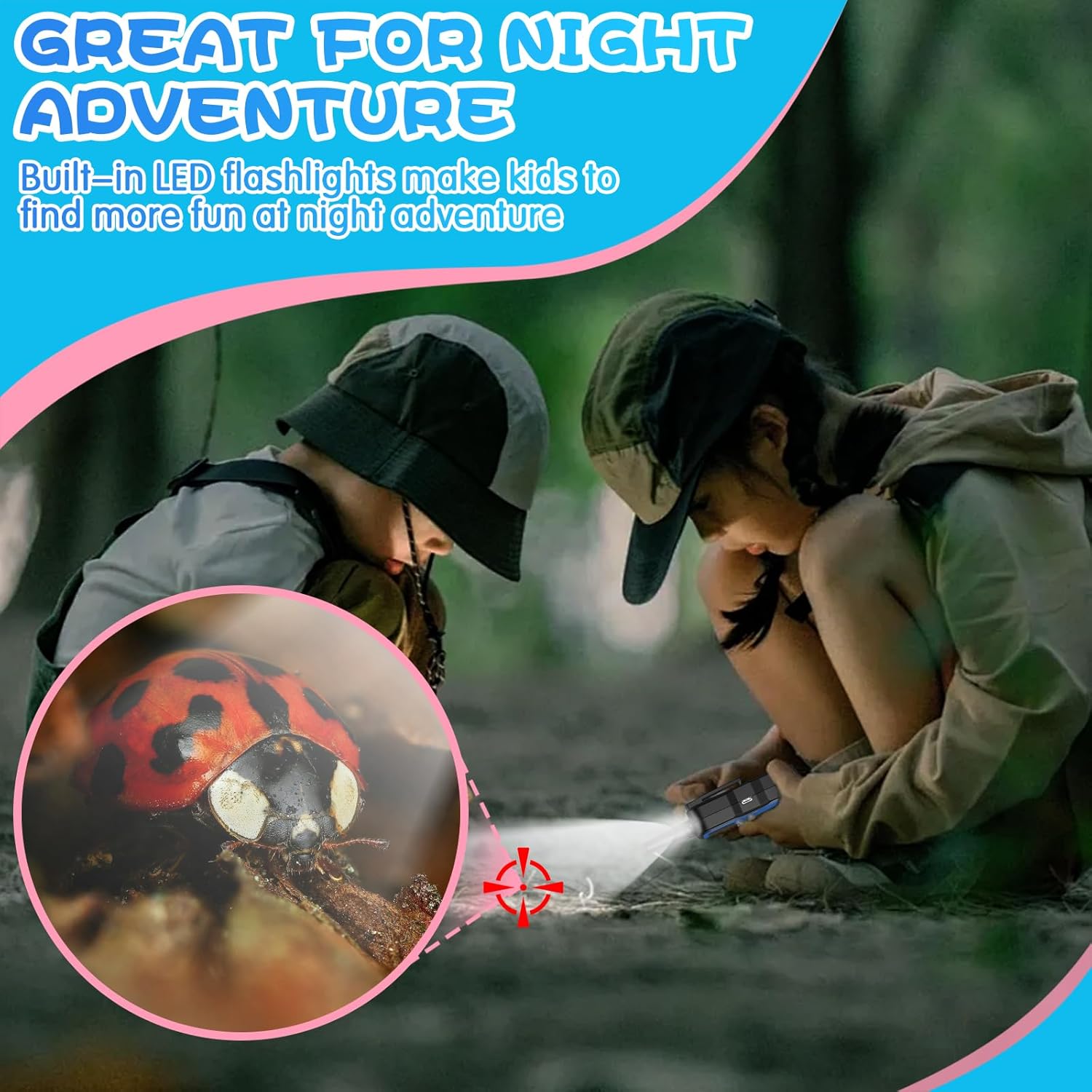 Two children using walkie talkies with the flashlight function in a dark environment, illuminating a ladybug.