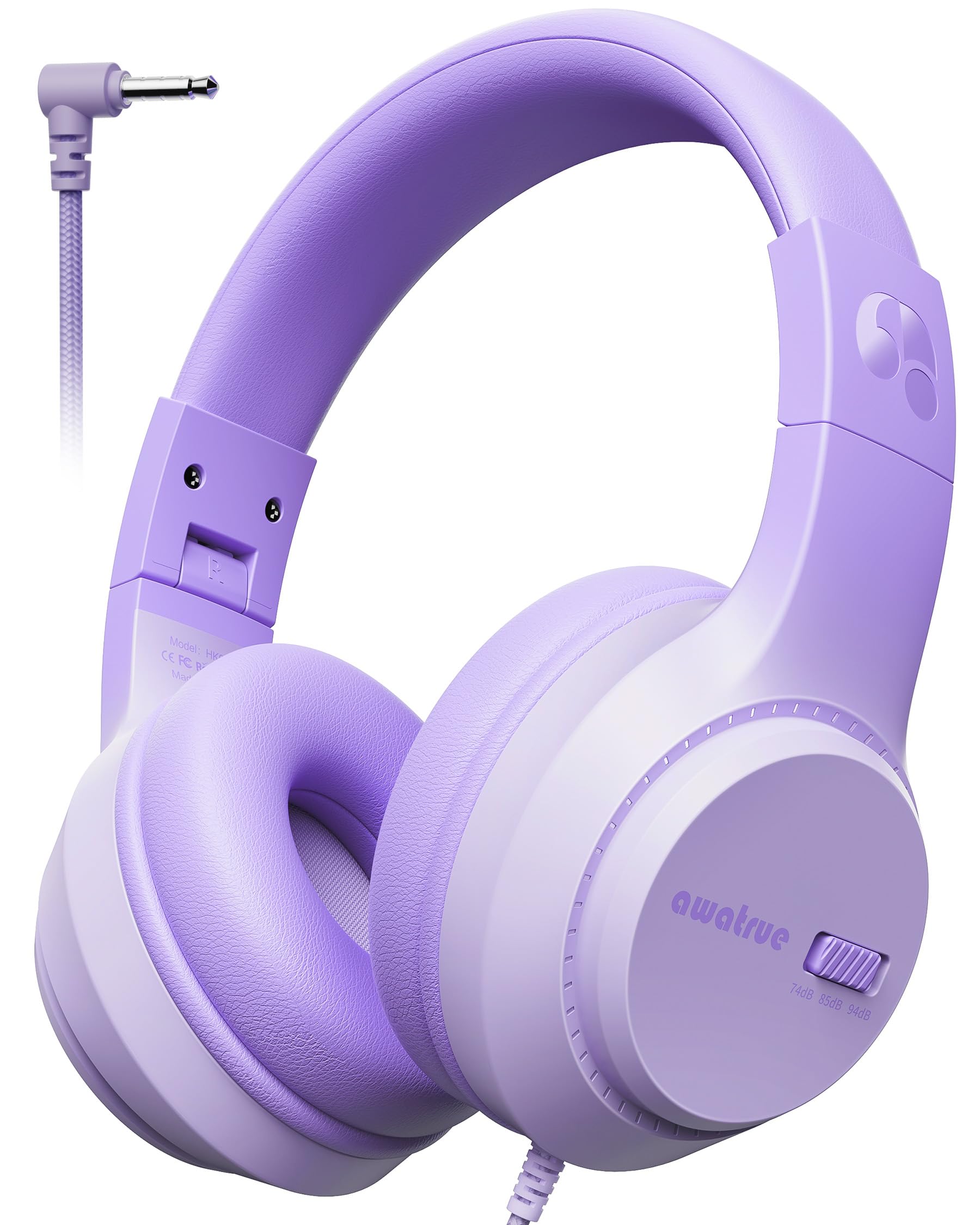 awatrue Audio Enfant, 74/85/94dB Volume Sécurisé Casque Filaire Enfant, Son Stéréo, Pliable, 3.5 mm Jack Over Ear Casque pour Enfants pour Ipad/Voyage/Tablette/Téléphone (Violet)
