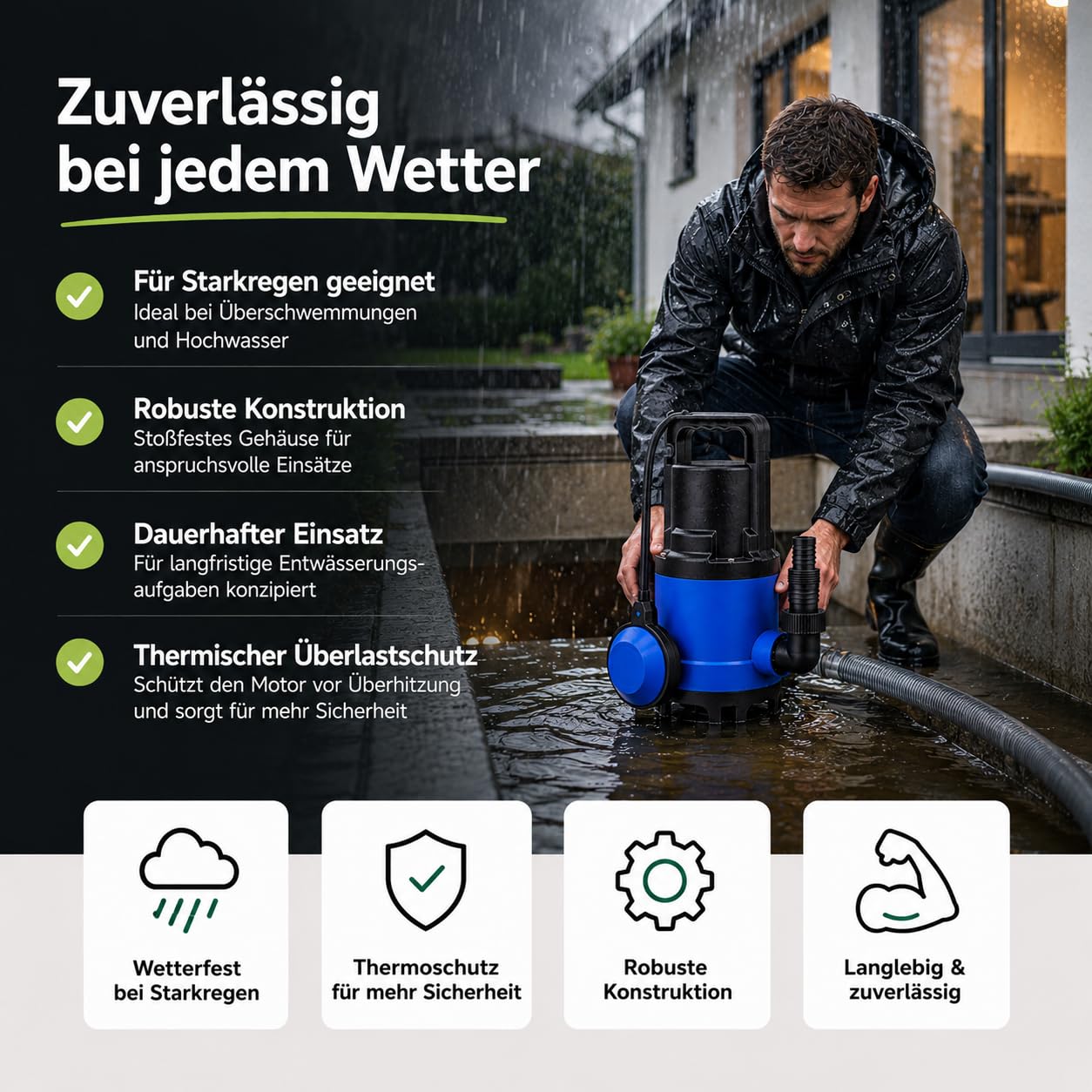Pompa per acque luride 7500 l/h con 400 Watt – max. 5 m di altezza di consegna & 4 m di profondità di immersione, cavo da 10 m, protezione termica, robusta ruota in Noryl - Pompa sommersa per