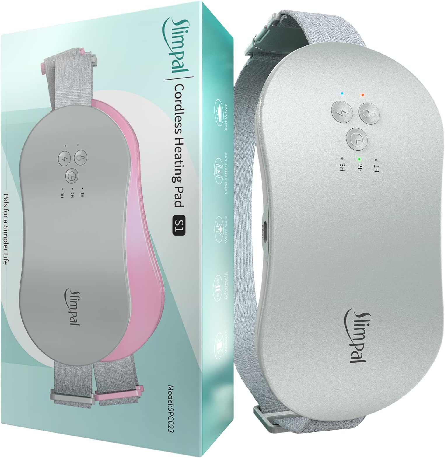 Slimpal Period Pain Relief Heating Pad, Portable Menstrual Heating Pad with 3 Timer Auto Shut Off, Electric Heat Belt for Period Cramps with Massager, Gifts for Women Girls, Light Grey